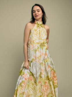 FLORERE Halter Neck Tiered Peony Print Midi Dress, Multi, Multi