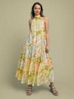 FLORERE Halter Neck Tiered Peony Print Midi Dress, Multi - view 2, Multi