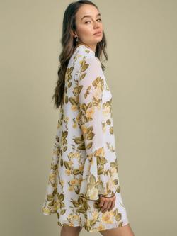 FLORERE High Neck Fluted Cuff Sleeve Peony Print Mini Dress, Multi - view 2, Multi