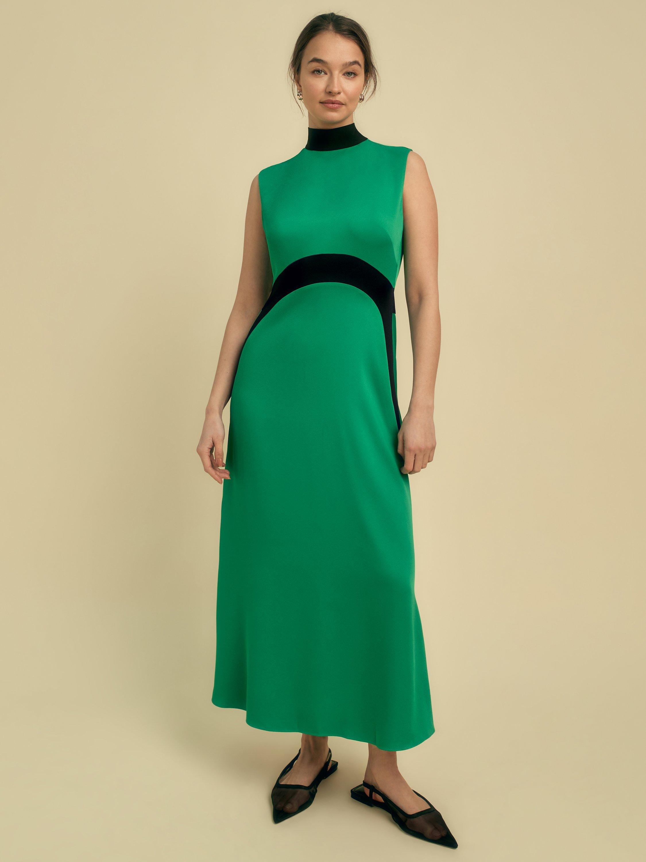 Product image 1 of 4, which shows FLORERE Sleeveless Colour Block Satin Midi Dress, Green/Black, 8