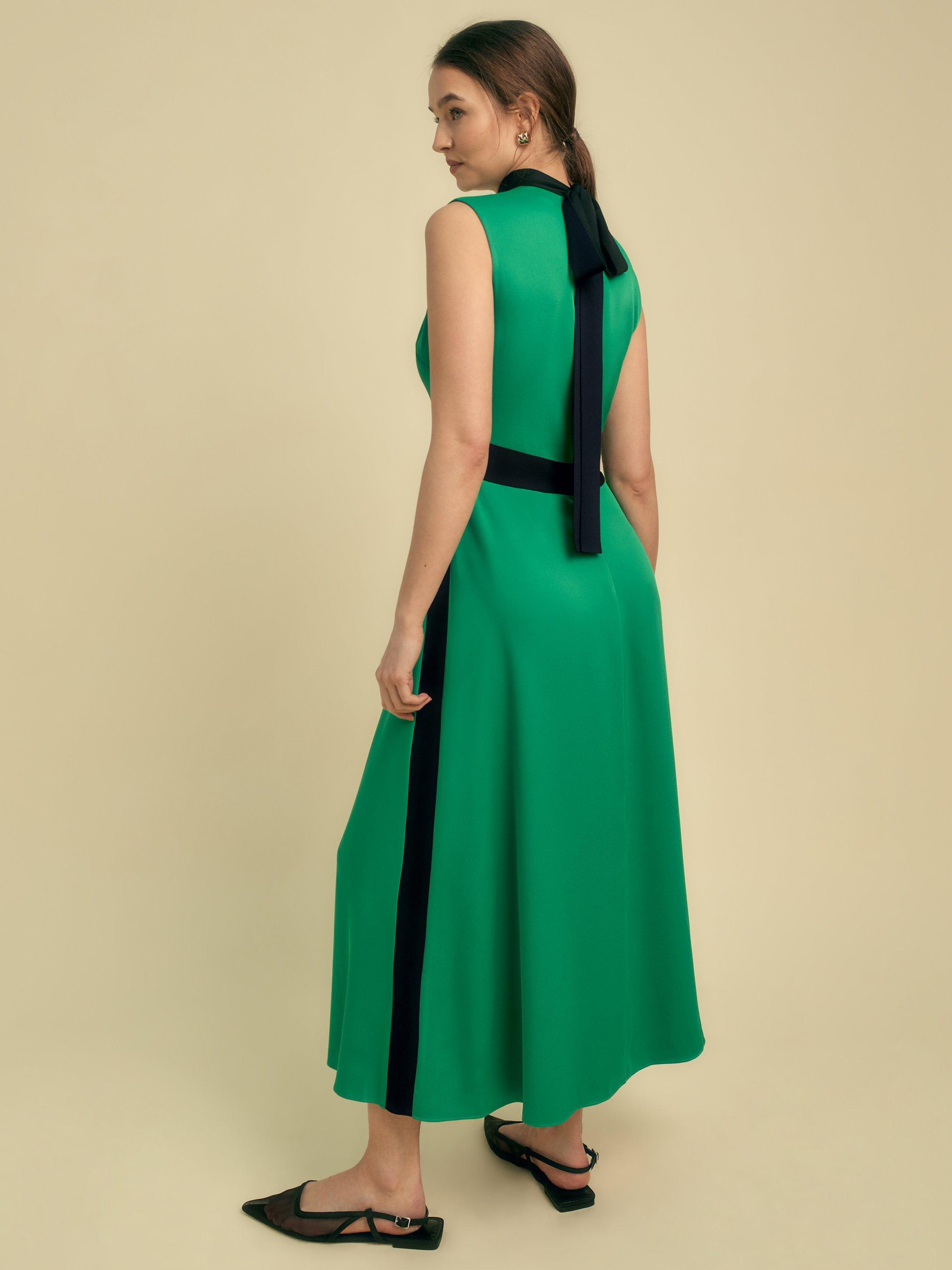 Product image 3 of 4, which shows FLORERE Sleeveless Colour Block Satin Midi Dress, Green/Black, 8