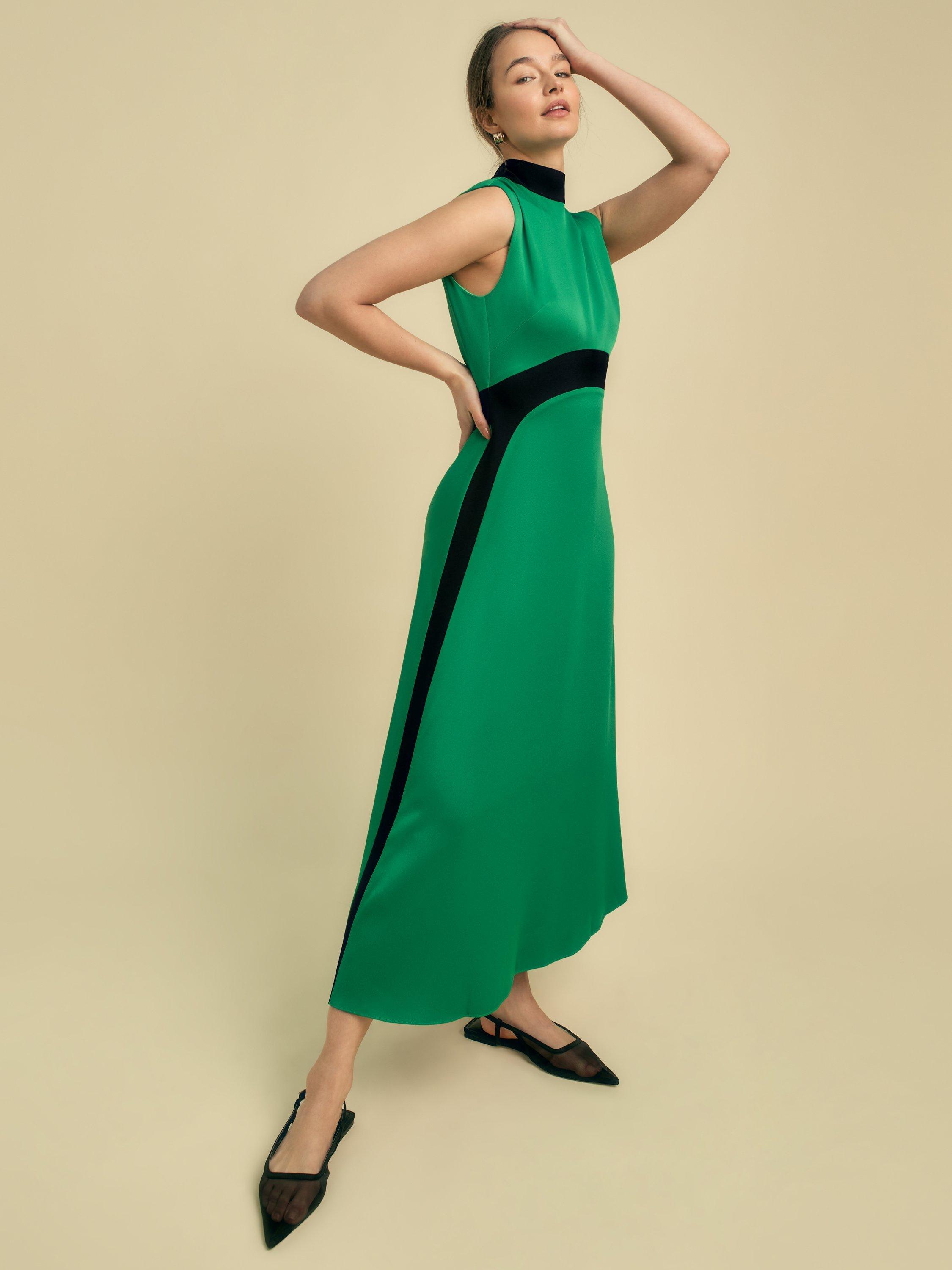 Product image 4 of 4, which shows FLORERE Sleeveless Colour Block Satin Midi Dress, Green/Black, 8