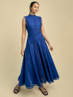FLORERE Sleeveless Lace Detail Cotton Midi Dress, Blue
