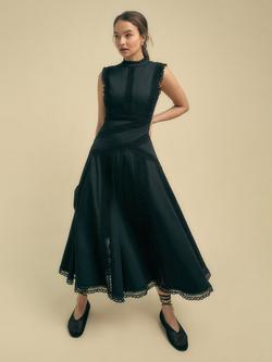 FLORERE Sleeveless Lace Detail Cotton Midi Dress, Black
