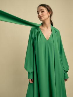 FLORERE Tie Neck Blouson Sleeve Midi Dress, Green, Green