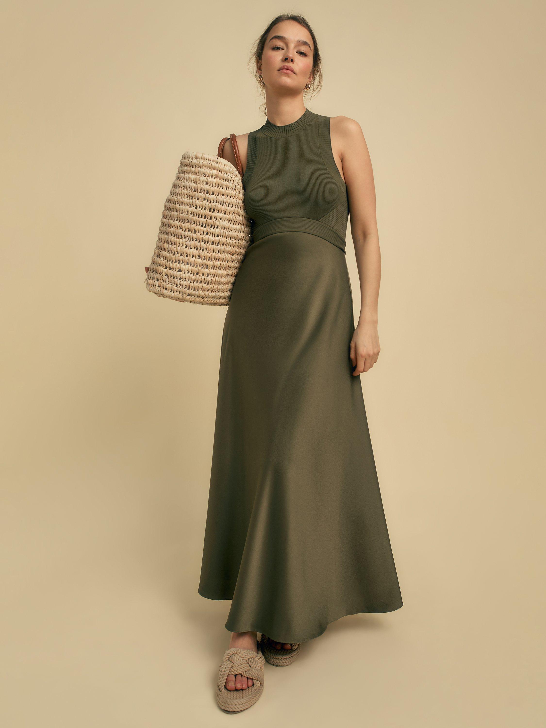 Product image 1 of 6, which shows FLORERE Rib Knit/Satin Midi Dress, Khaki, 6