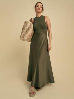 FLORERE Rib Knit/Satin Midi Dress, Khaki, Khaki