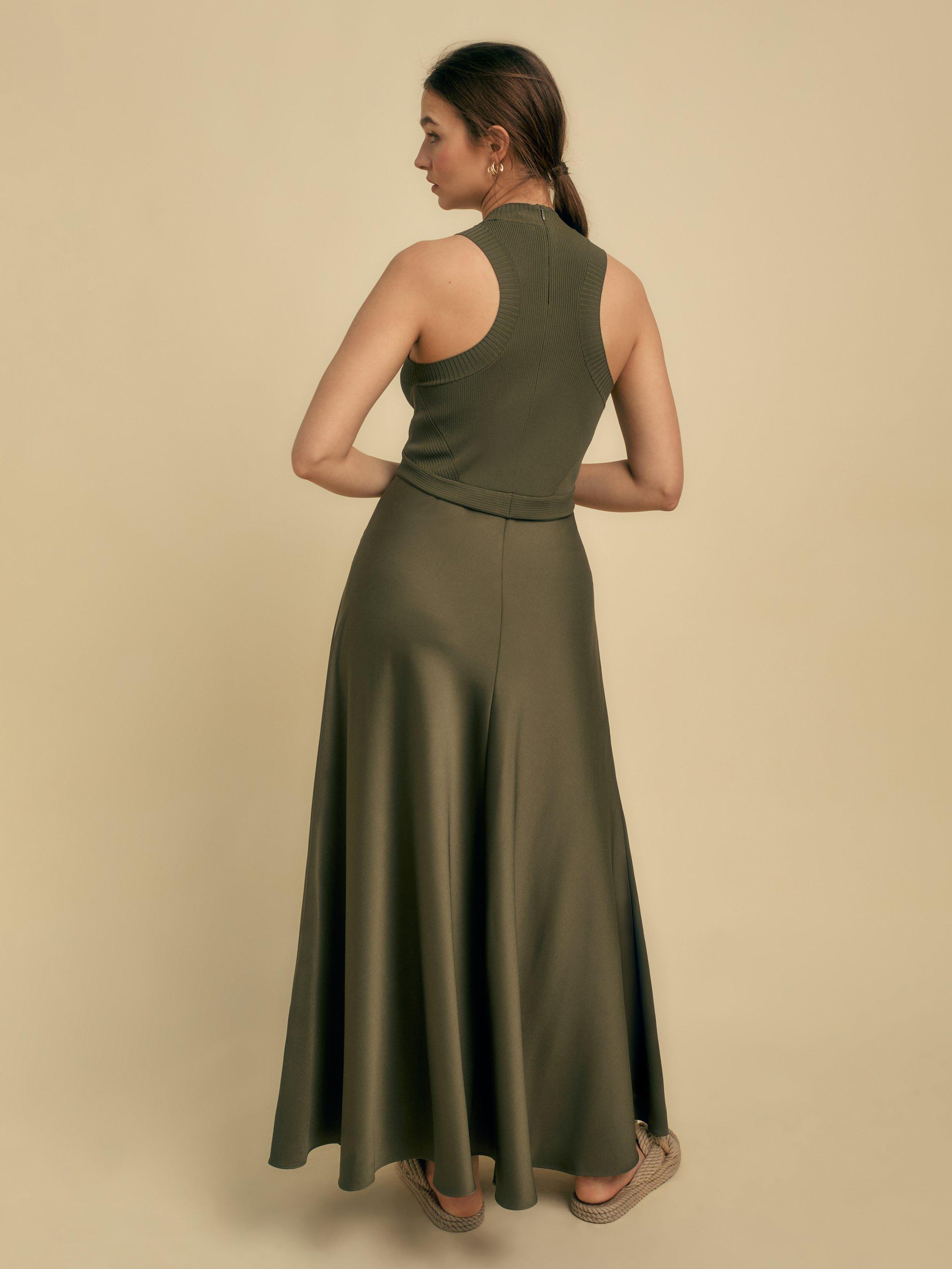 Product image 3 of 6, which shows FLORERE Rib Knit/Satin Midi Dress, Khaki, 6