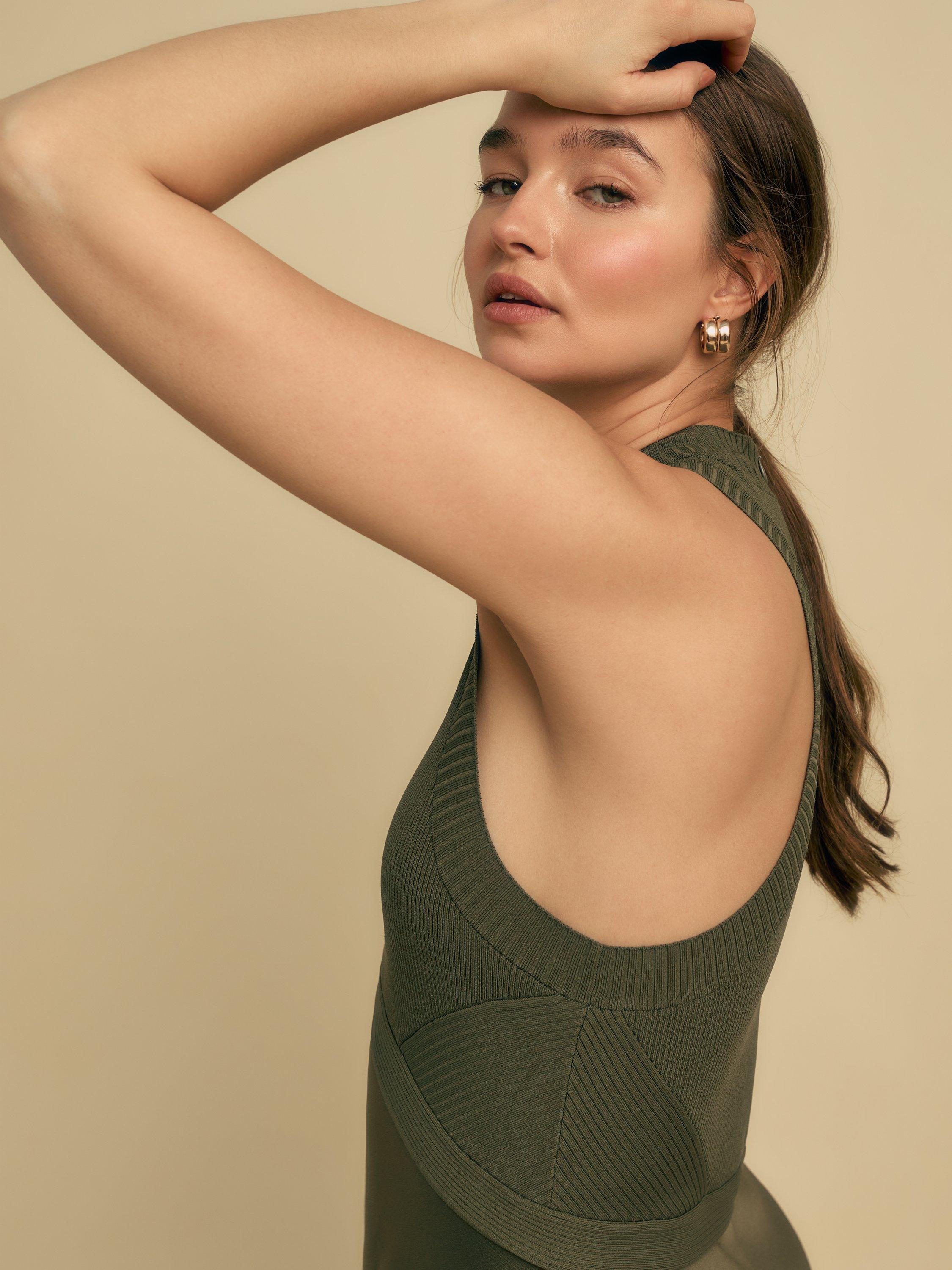 Product image 5 of 6, which shows FLORERE Rib Knit/Satin Midi Dress, Khaki, 6