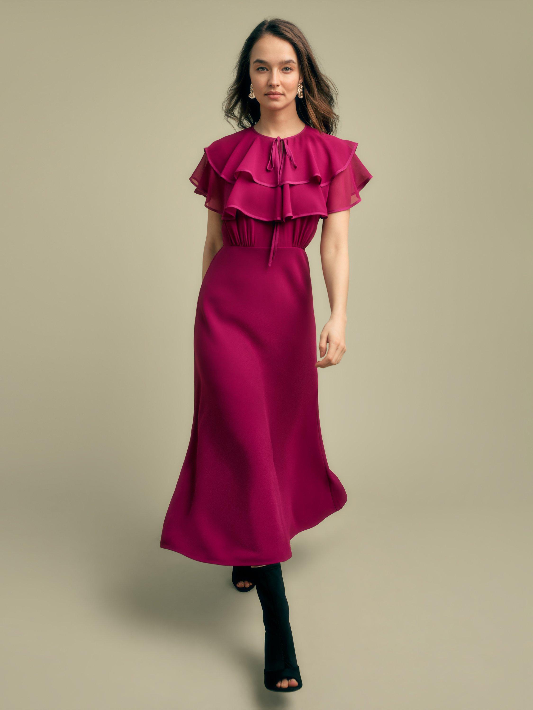 Product image 1 of 4, which shows FLORERE Ruffle Neck Chiffon Midi Dress, Purple, 8