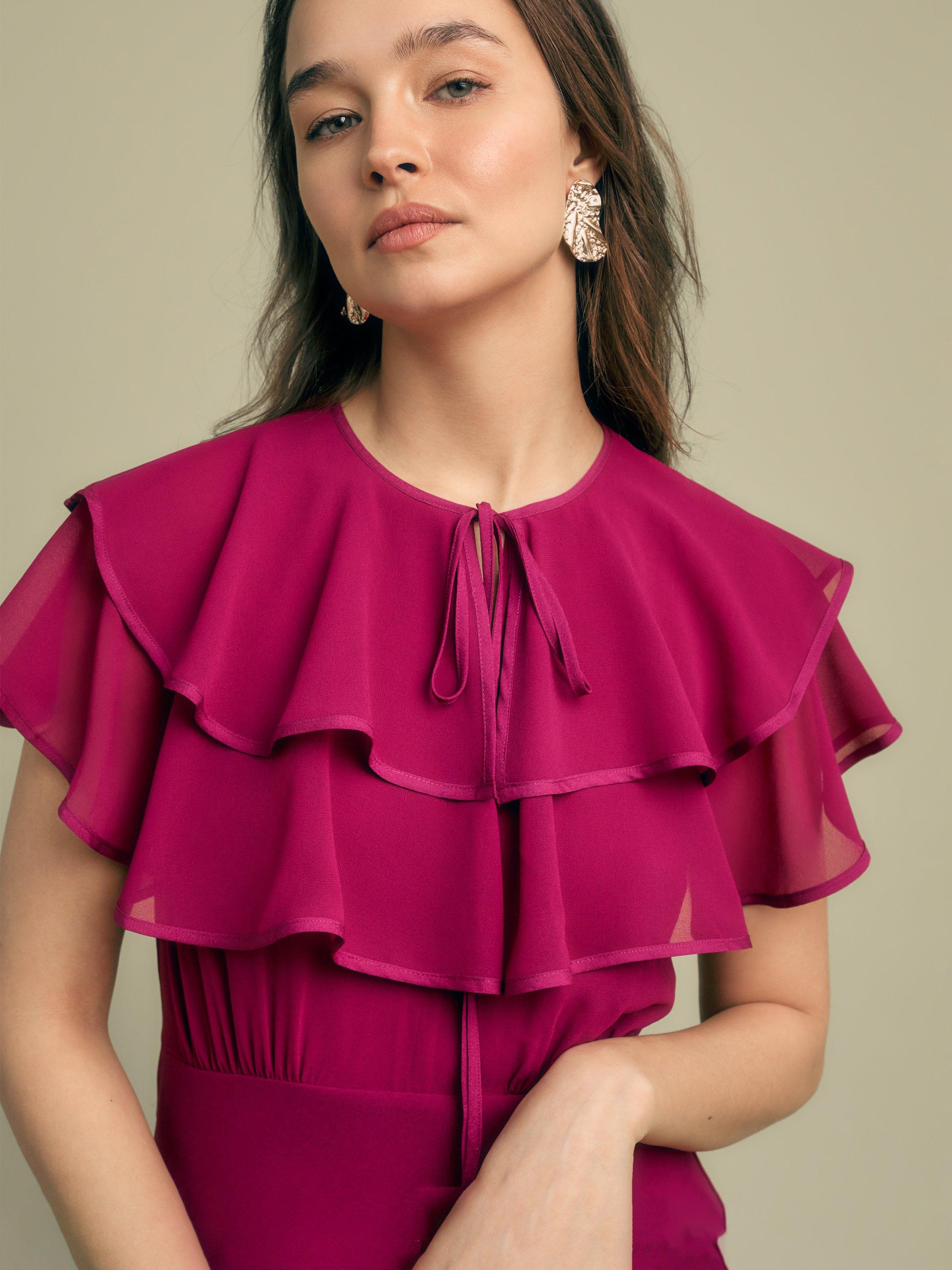 Product image 2 of 4, which shows FLORERE Ruffle Neck Chiffon Midi Dress, Purple, 8