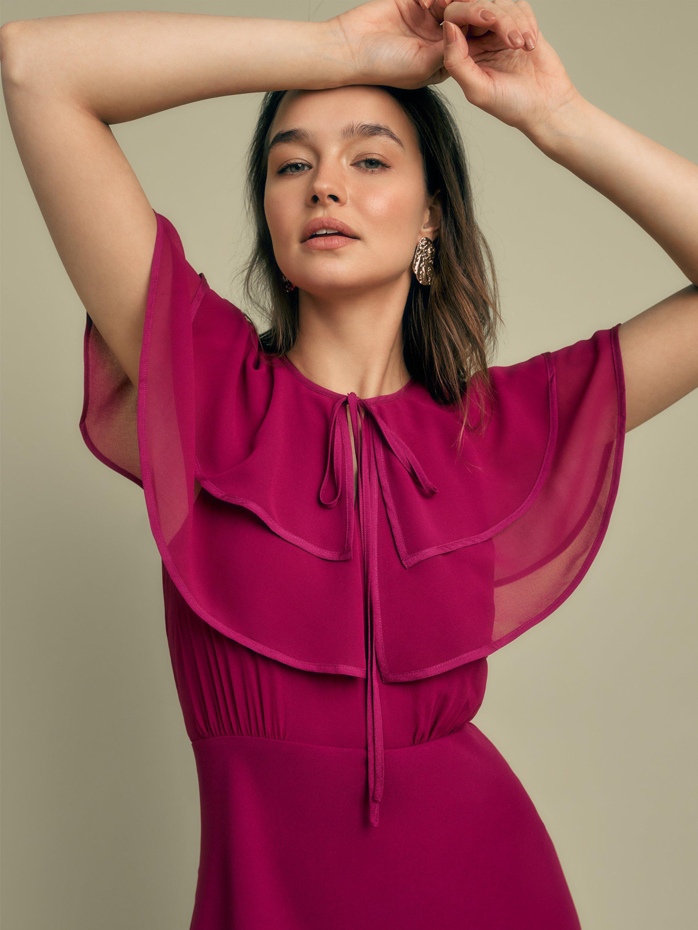 Product image 4 of 4, which shows FLORERE Ruffle Neck Chiffon Midi Dress, Purple, 8