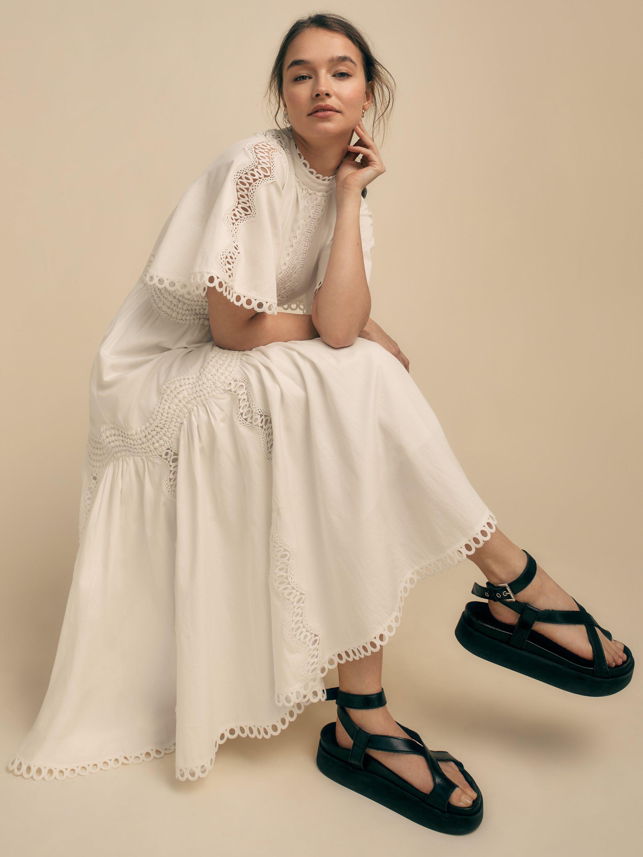 Product image 1 of 6, which shows FLORERE Lace Trim Midi Dress, White, 8