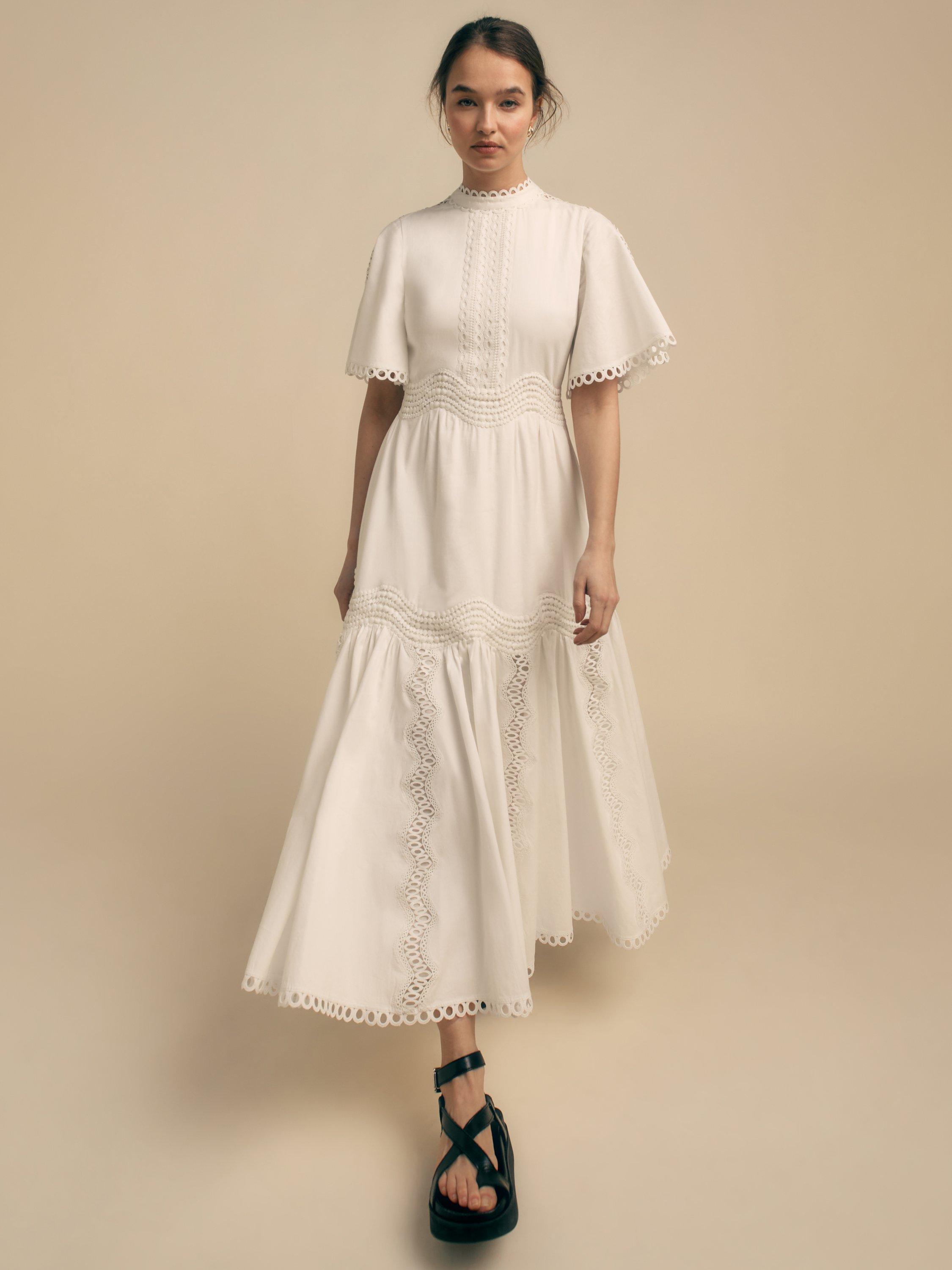 Product image 2 of 6, which shows FLORERE Lace Trim Midi Dress, White, 8