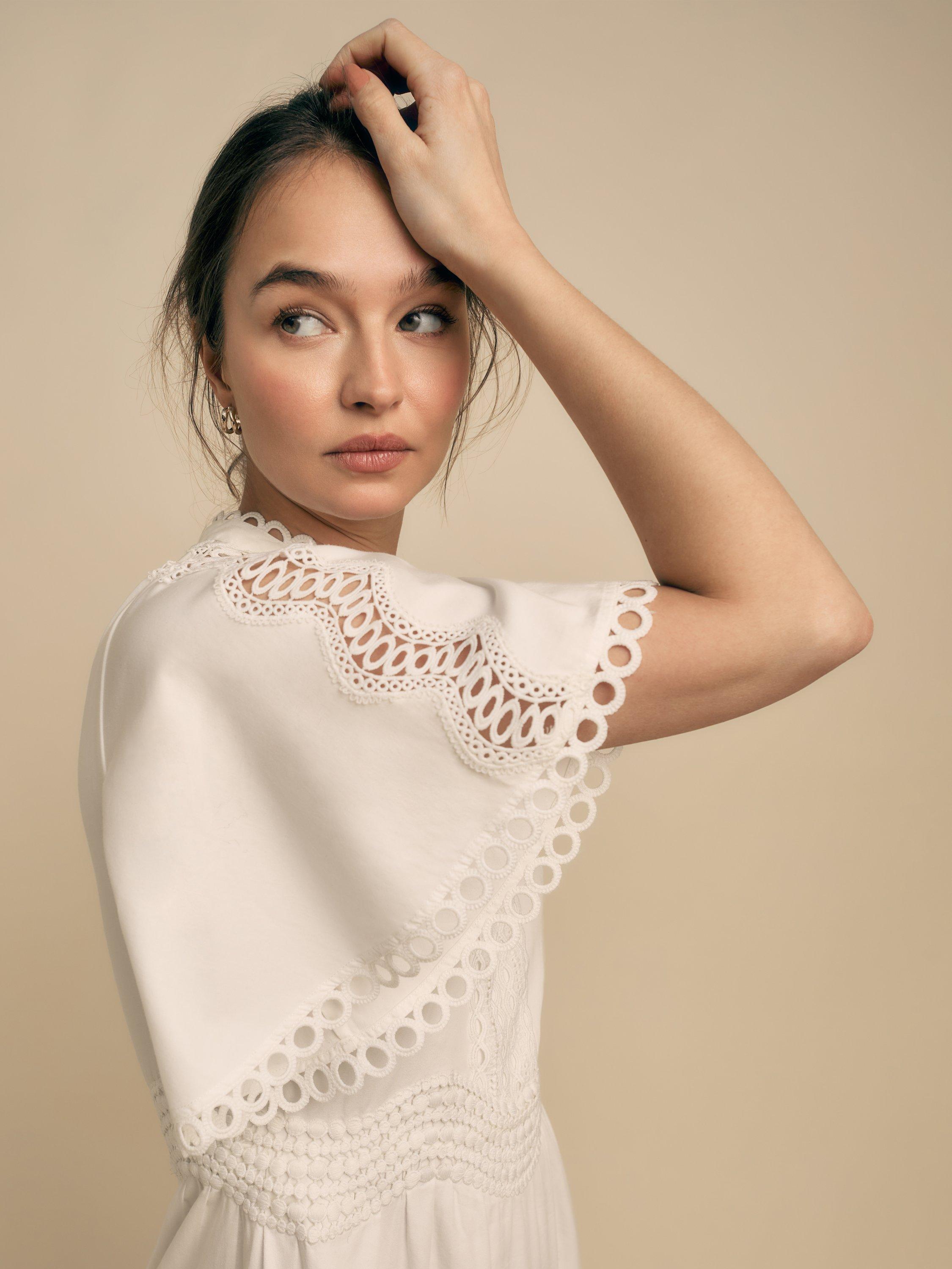 Product image 3 of 6, which shows FLORERE Lace Trim Midi Dress, White, 8
