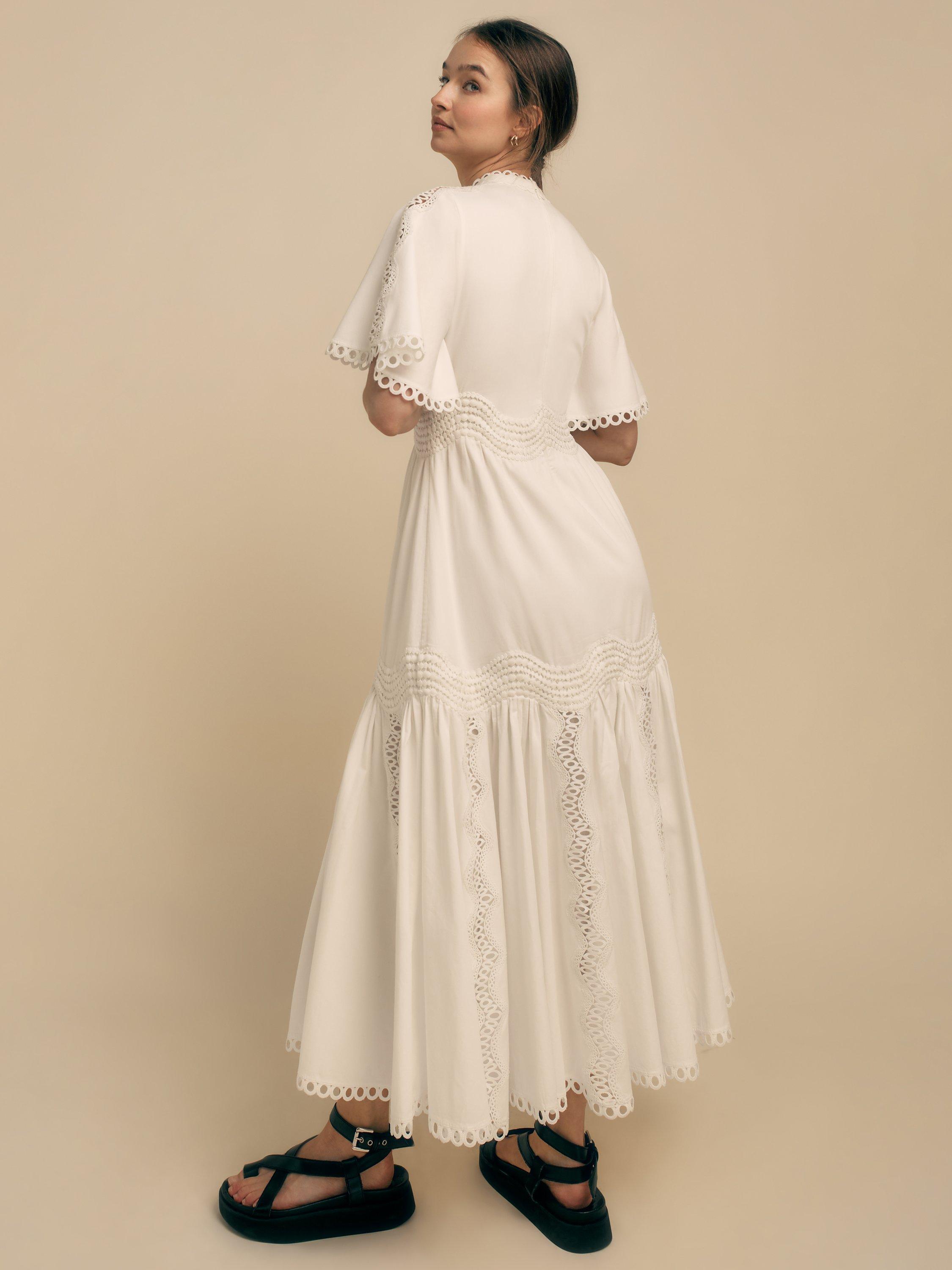 Product image 4 of 6, which shows FLORERE Lace Trim Midi Dress, White, 8