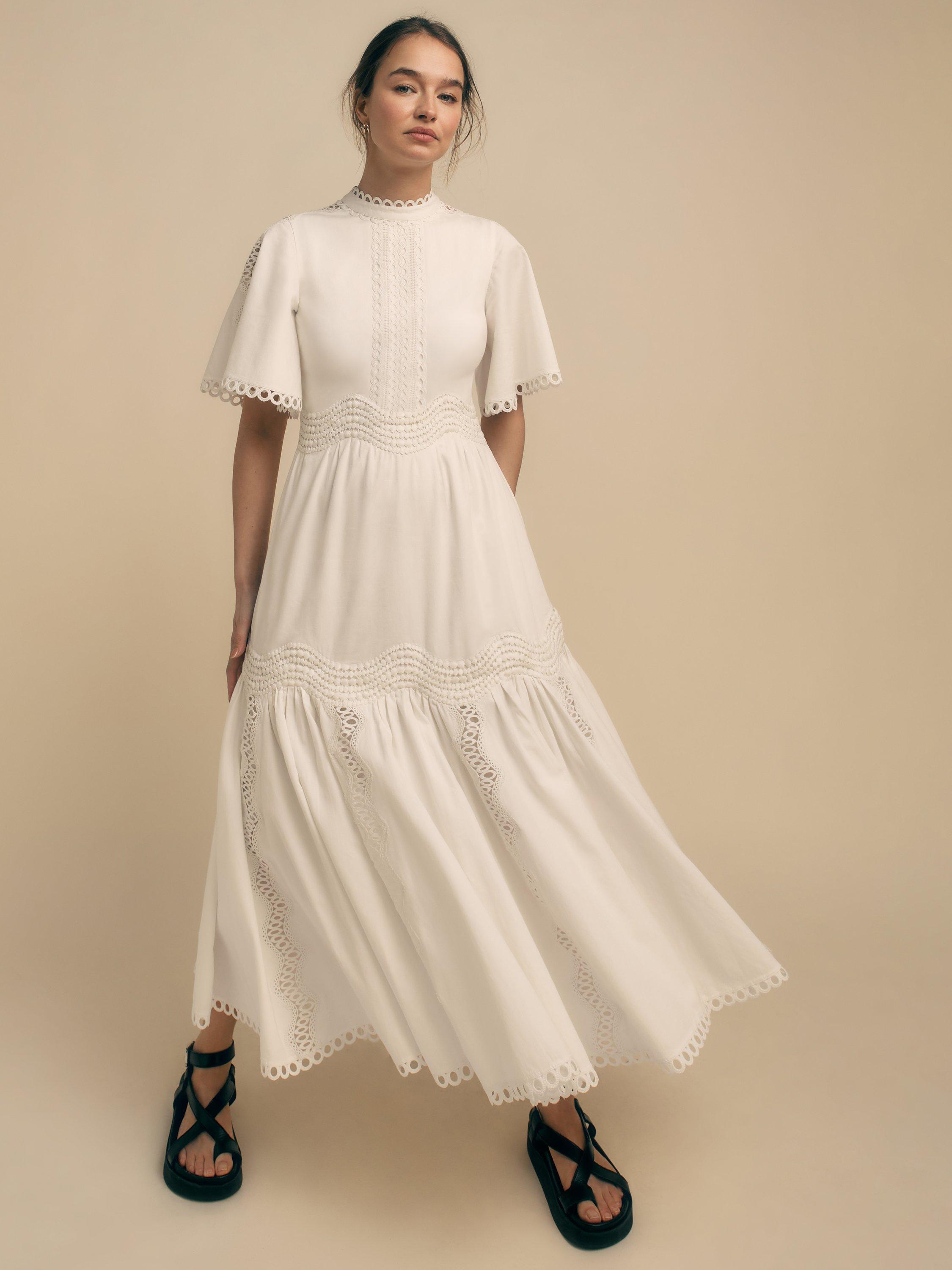 Product image 5 of 6, which shows FLORERE Lace Trim Midi Dress, White, 8