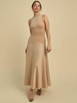 FLORERE Knit/Satin Sleeveless Dress, Light Brown, Light Brown