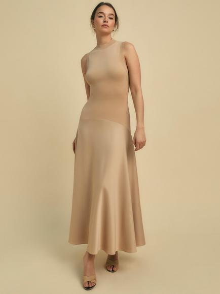 FLORERE Knit/Satin Sleeveless Dress, Light Brown, Light Brown
