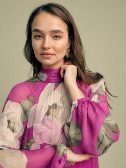 FLORERE Oriental Bloom Tie Neck Tiered Midi Dress, Multi - view 2, Multi