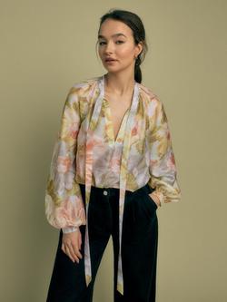 FLORERE Floral Print Blouson Sleeve Tie Neck Blouse, Multi, Multi