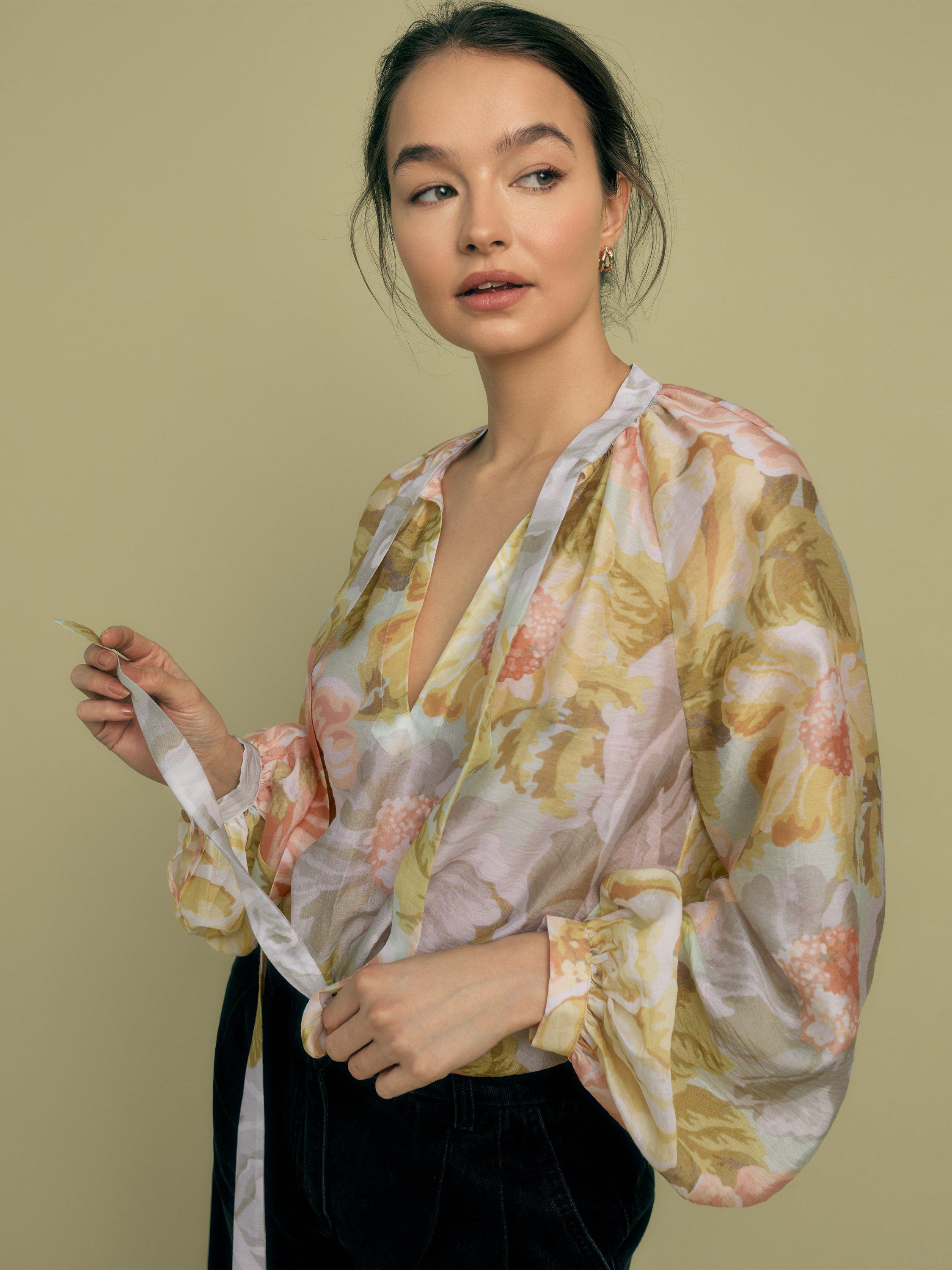 Product image 2 of 4, which shows FLORERE Floral Print Blouson Sleeve Tie Neck Blouse, Multi, 8
