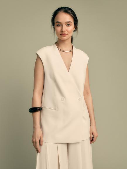 FLORERE Double Breasted V-Neck Longline Waistcoat, Cream, Cream
