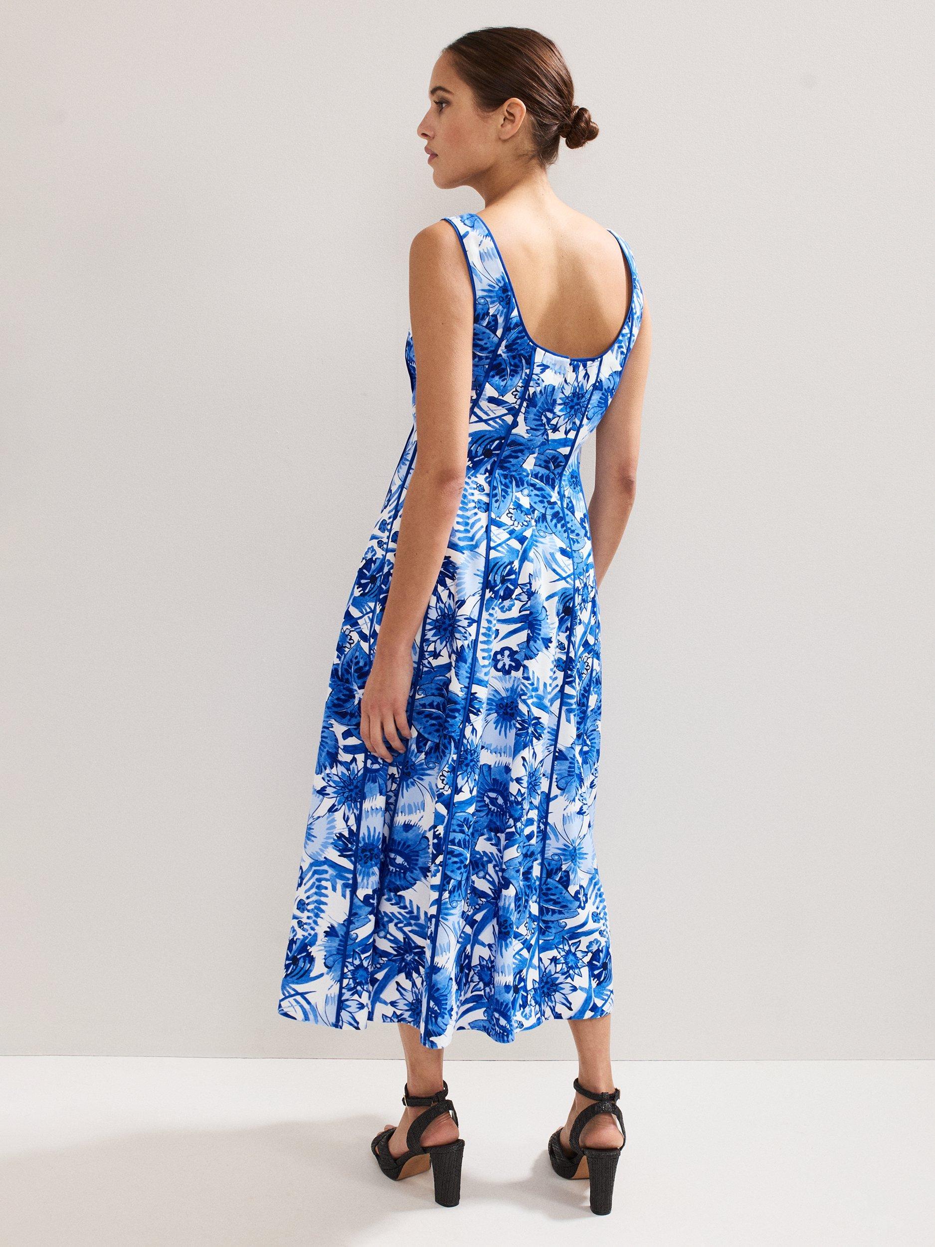 Product image 2 of 6, which shows Phase Eight Goldie Floral Midi Dress, Blue, 8
