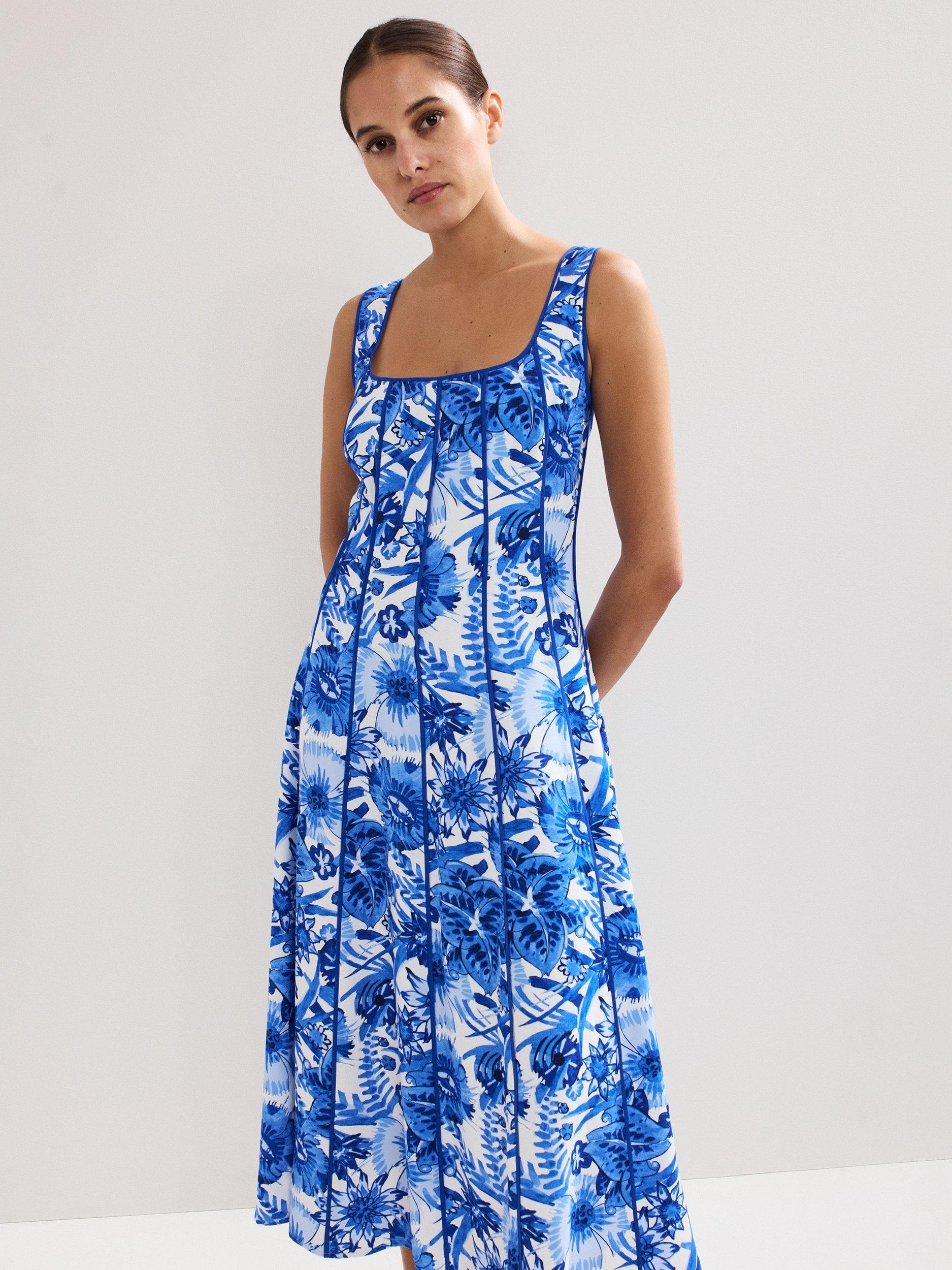 Product image 3 of 6, which shows Phase Eight Goldie Floral Midi Dress, Blue, 8