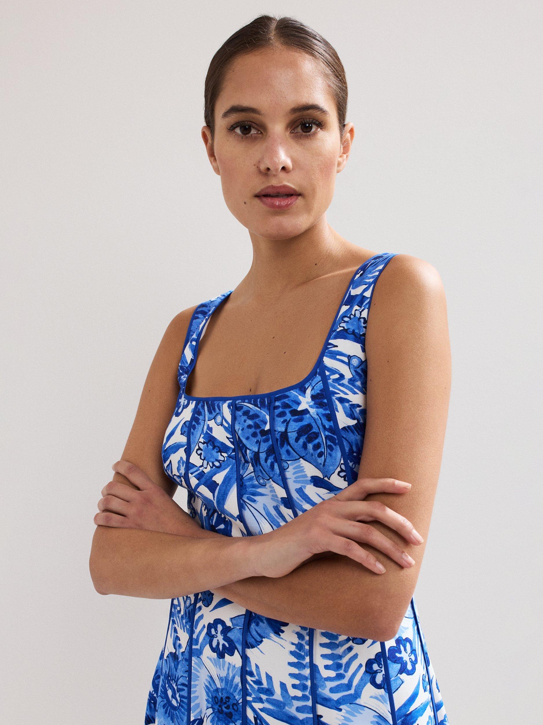 Product image 4 of 6, which shows Phase Eight Goldie Floral Midi Dress, Blue, 8