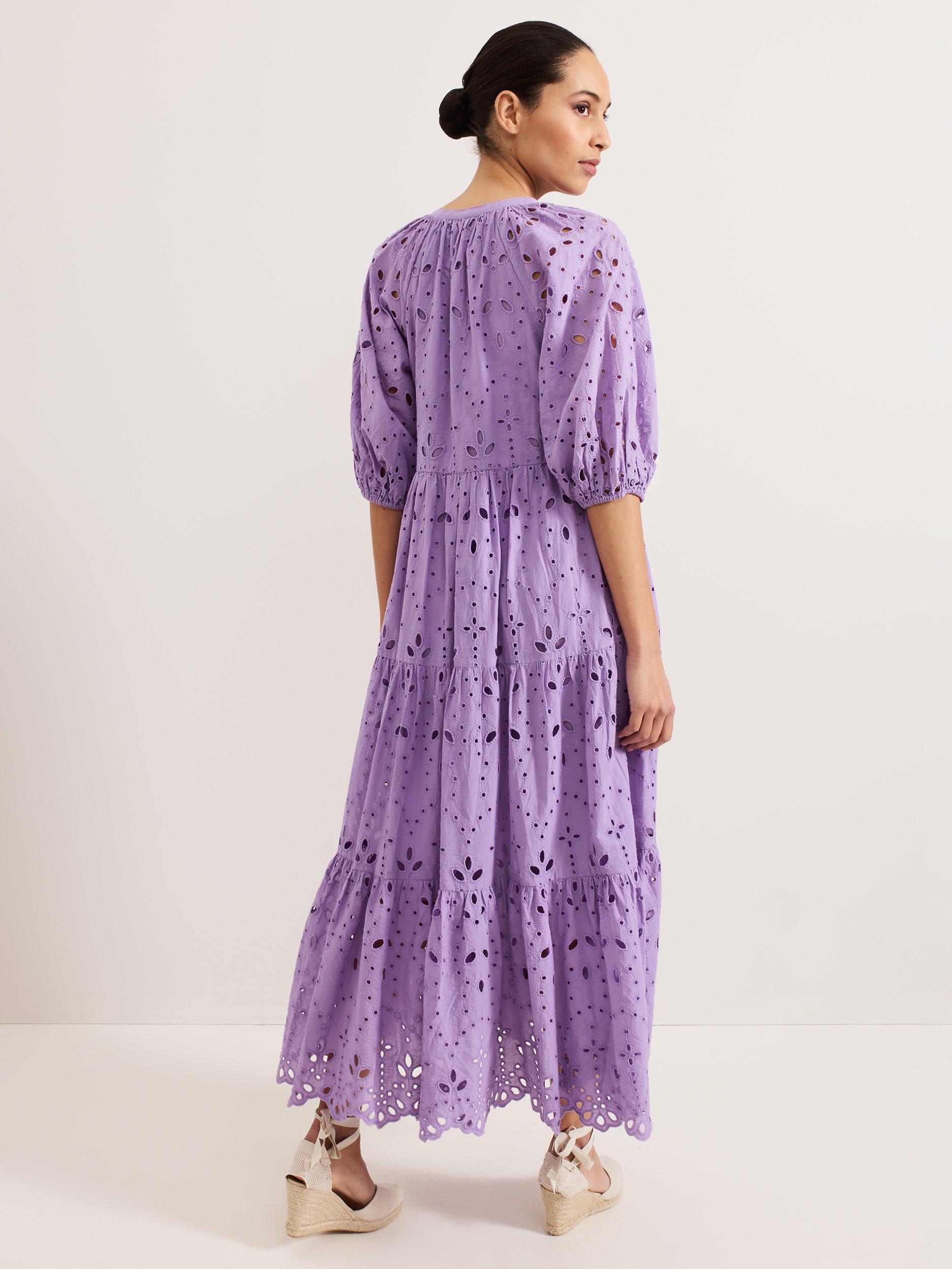 Product image 2 of 7, which shows Phase Eight Lorhna Broderie Anglaise Midaxi Dress, Lilac, 10