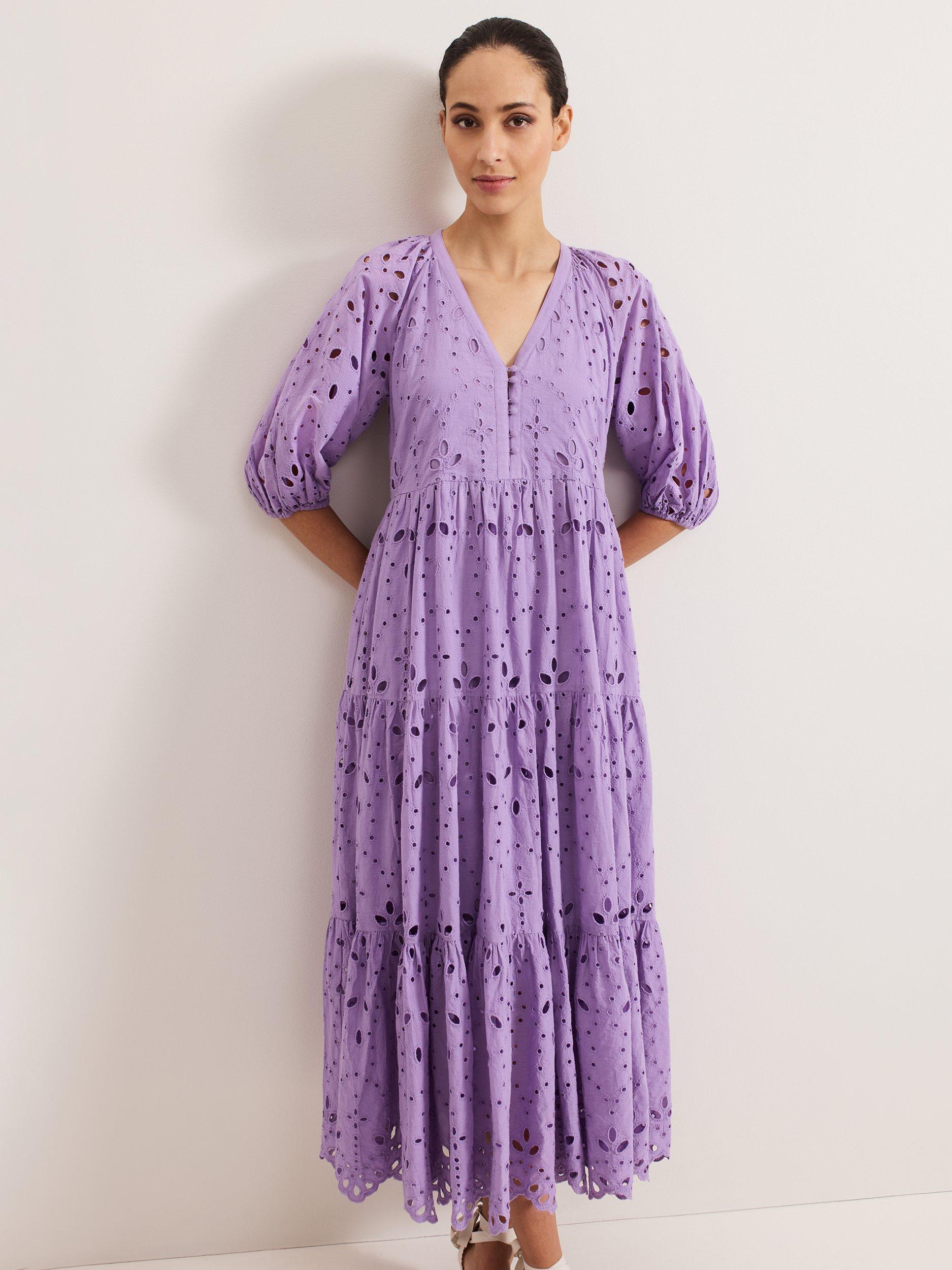 Product image 3 of 7, which shows Phase Eight Lorhna Broderie Anglaise Midaxi Dress, Lilac, 10