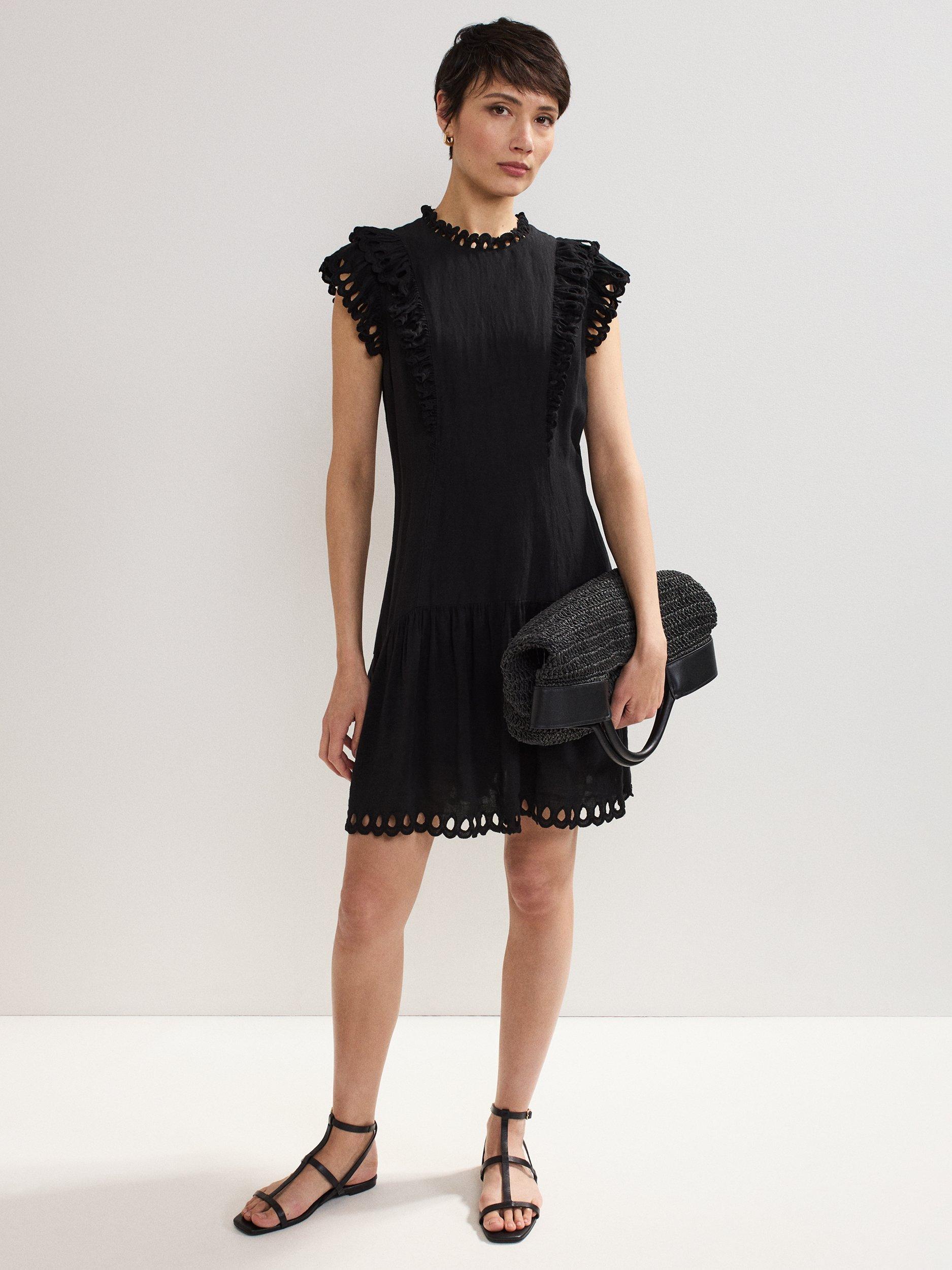 Product image 1 of 7, which shows Phase Eight Reena Broderie Trim Mini Dress, Black, 8