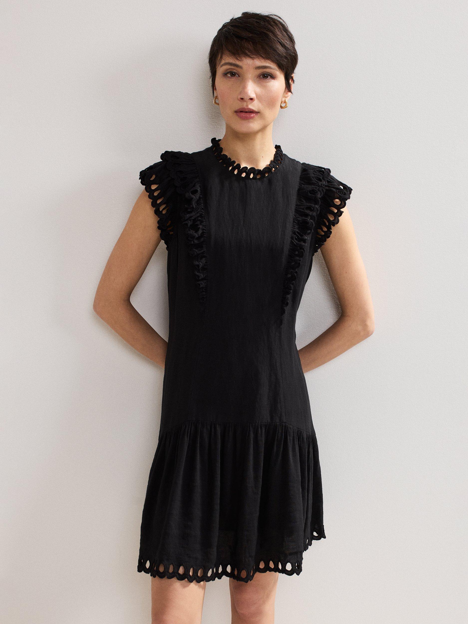 Product image 3 of 7, which shows Phase Eight Reena Broderie Trim Mini Dress, Black, 8