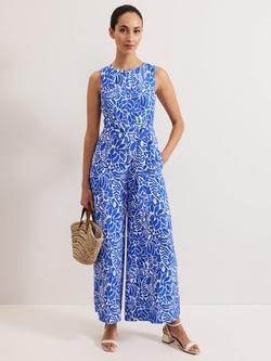 Phase Eight Marta Leaf Print Jumpsuit containing LENZING™ ECOVERO™ Viscose, Blue/Multi