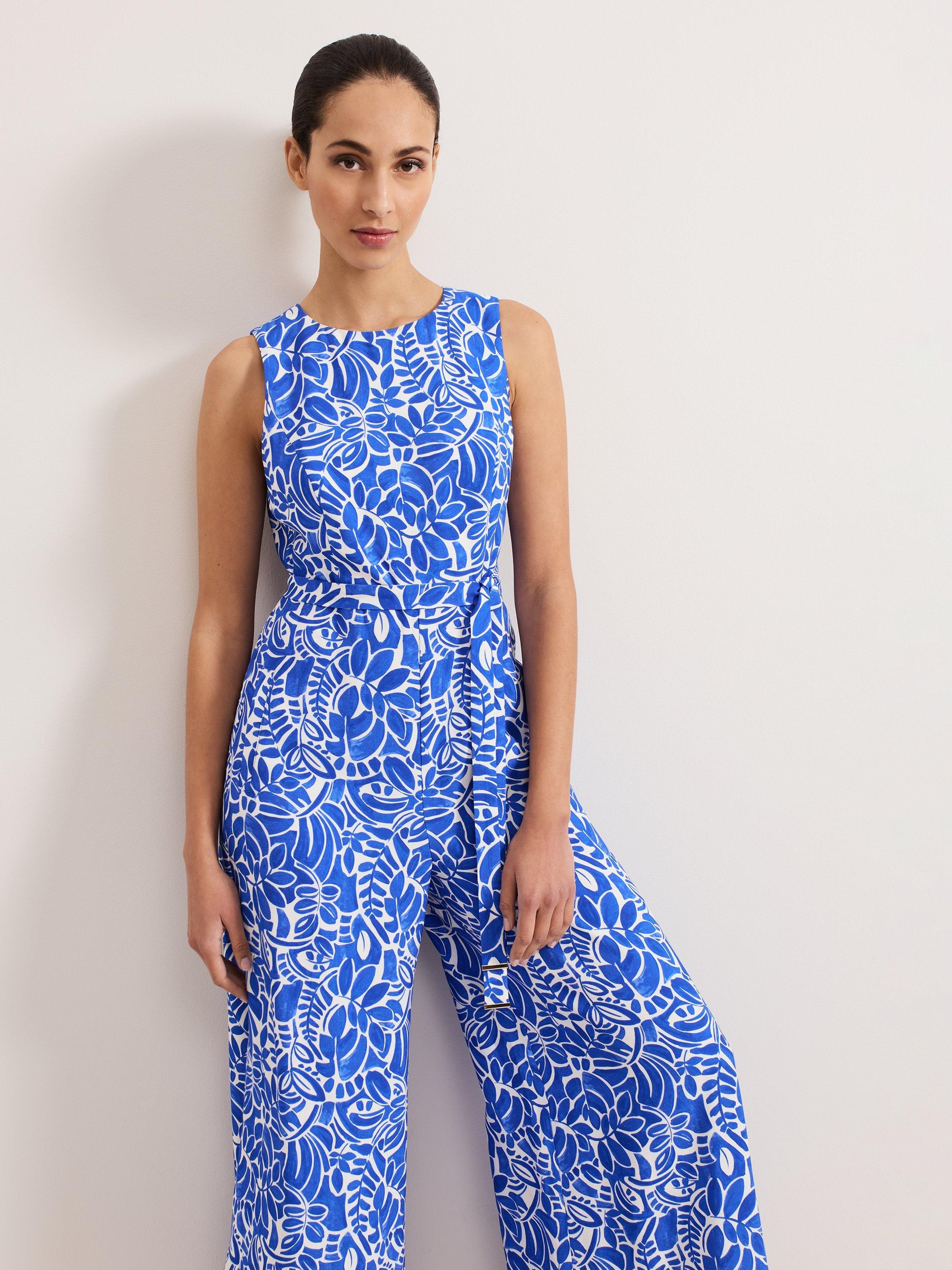Product image 3 of 9, which shows Phase Eight Marta Leaf Print Jumpsuit containing LENZING™ ECOVERO™ Viscose, Blue/Multi, 20