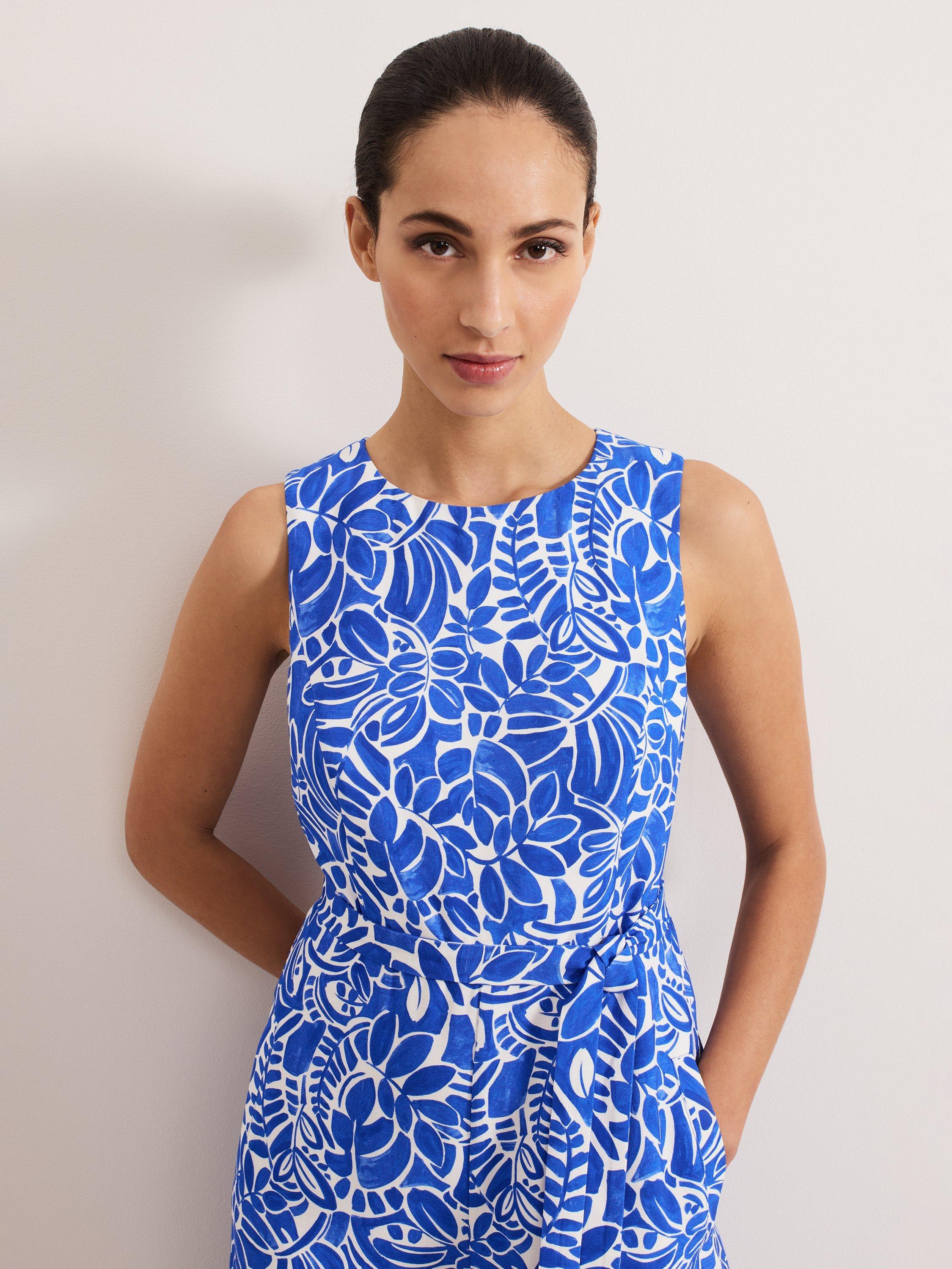Product image 4 of 9, which shows Phase Eight Marta Leaf Print Jumpsuit containing LENZING™ ECOVERO™ Viscose, Blue/Multi, 20