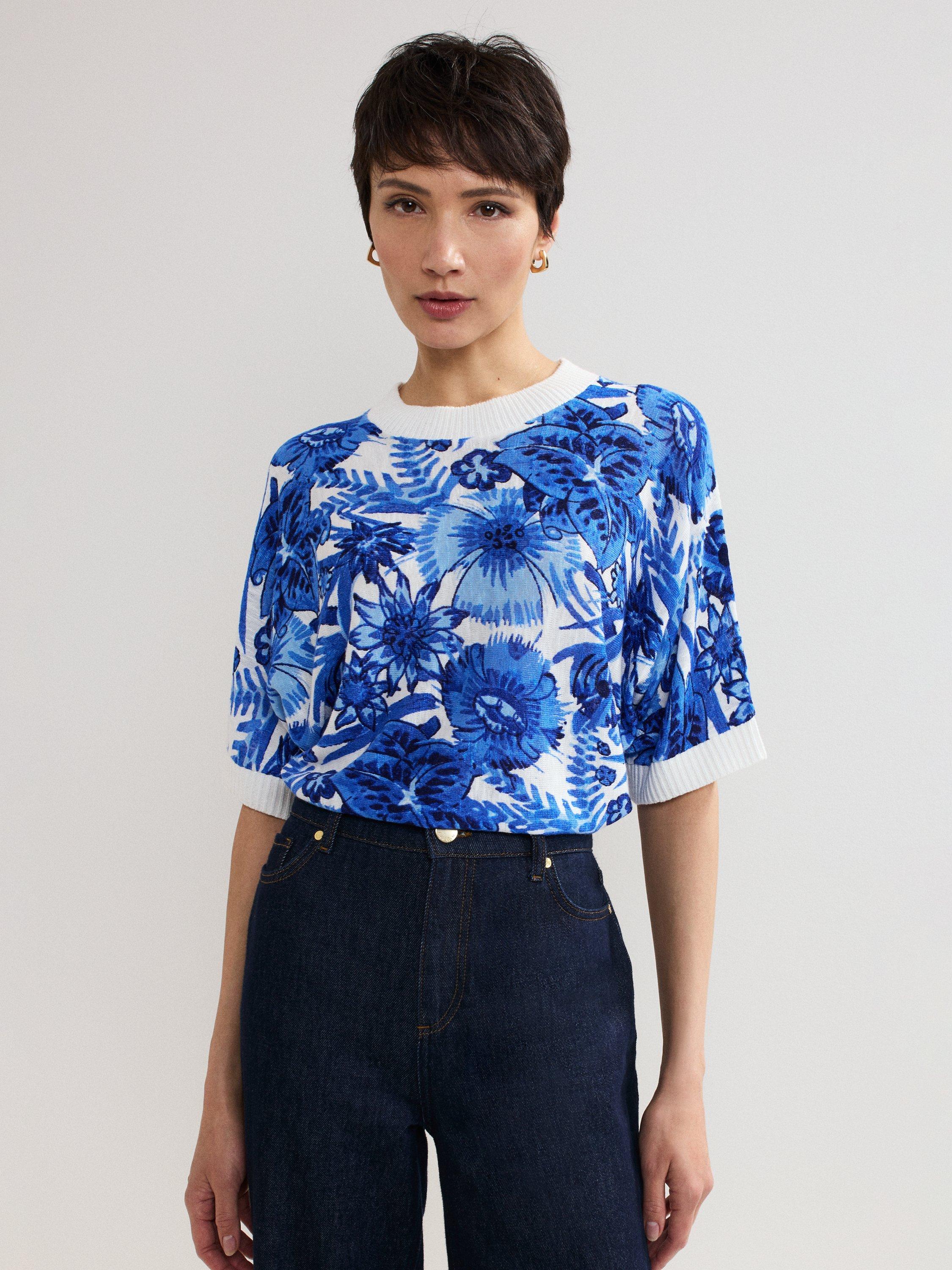 Product image 1 of 8, which shows Phase Eight Lizzy Floral Linen Rich Jumper, Blue, S