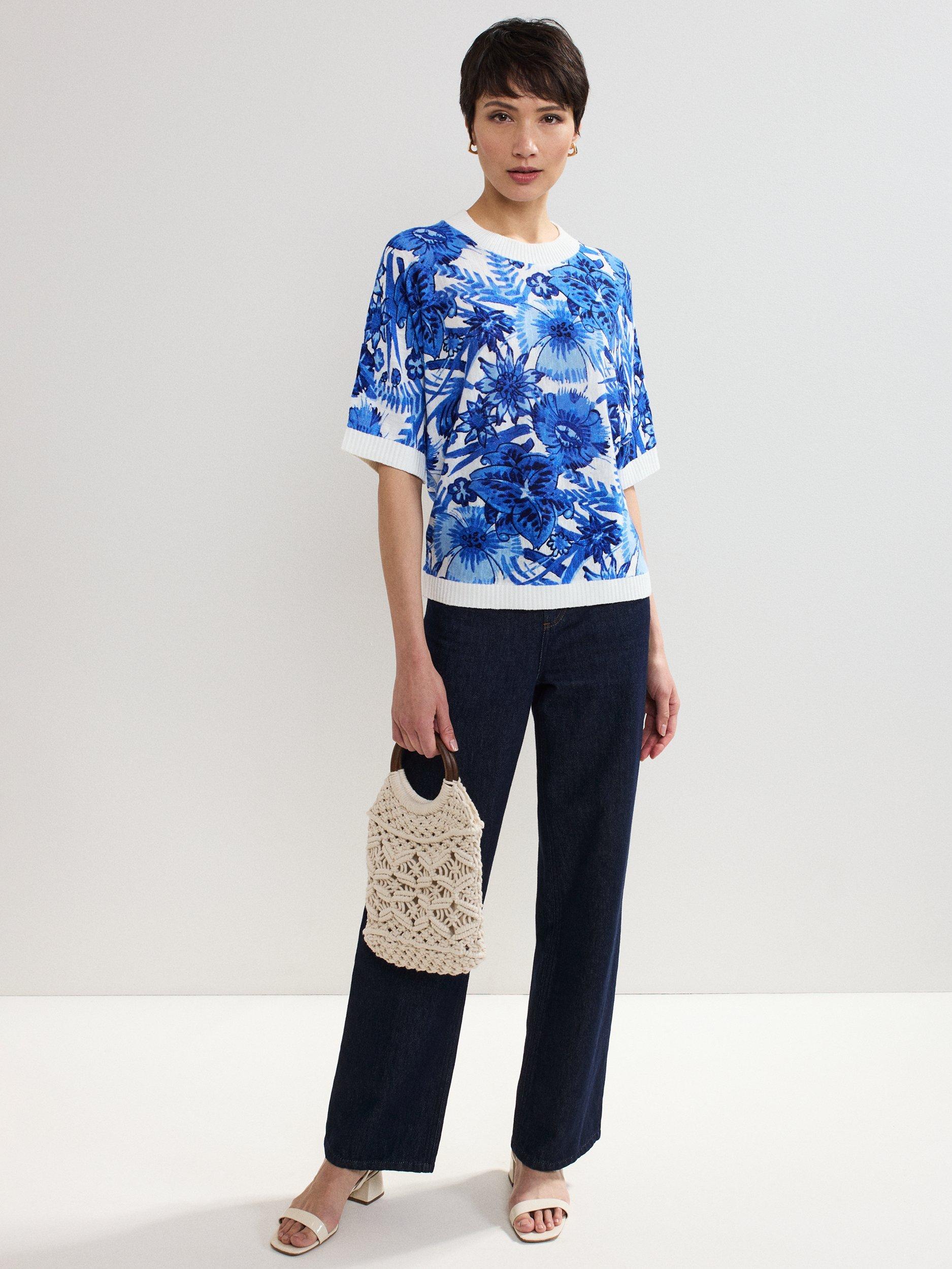 Product image 3 of 8, which shows Phase Eight Lizzy Floral Linen Rich Jumper, Blue, S