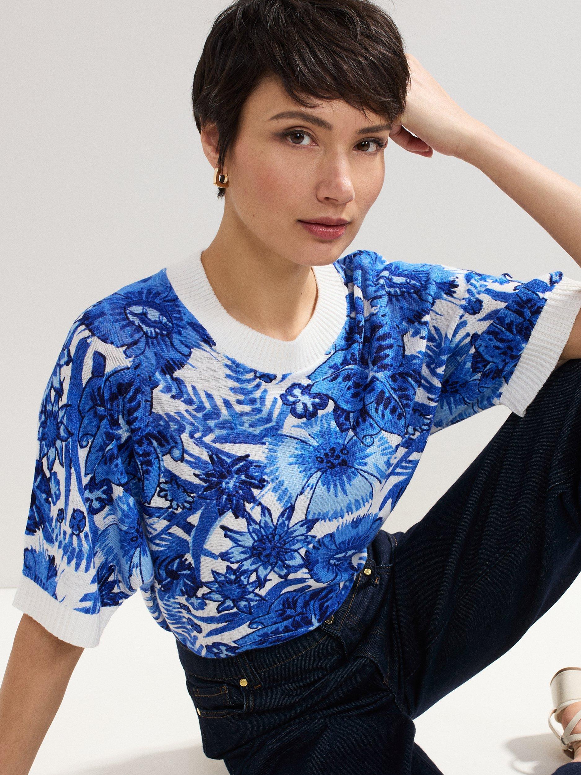 Product image 4 of 8, which shows Phase Eight Lizzy Floral Linen Rich Jumper, Blue, S
