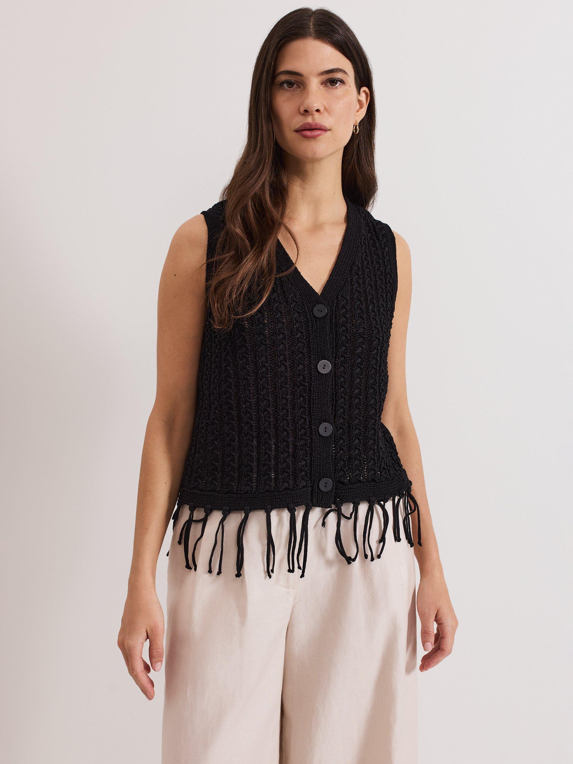 Product image 1 of 8, which shows Phase Eight Quinn Knit Tassel Waistcoat, Black, S