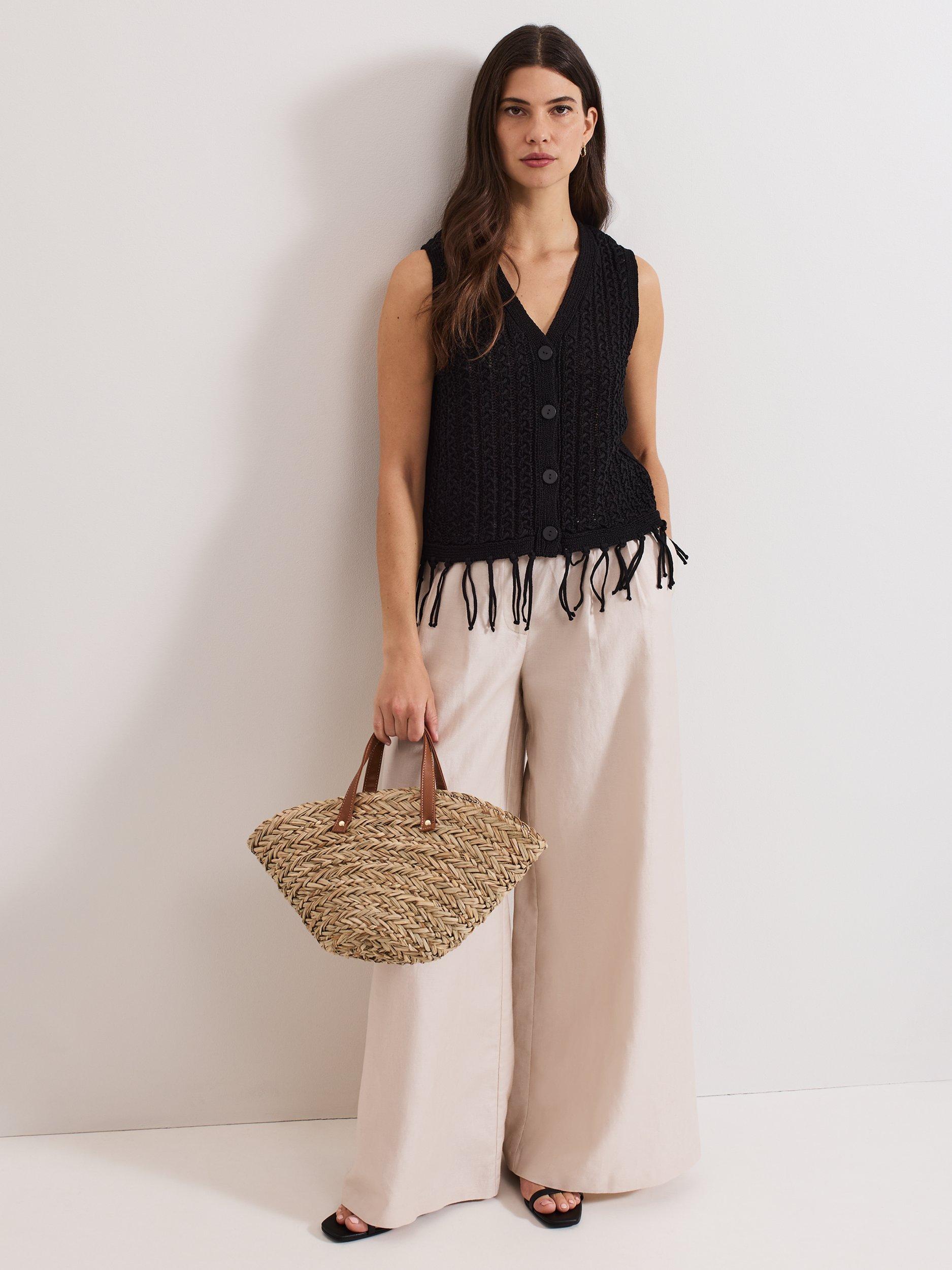 Product image 3 of 8, which shows Phase Eight Quinn Knit Tassel Waistcoat, Black, S