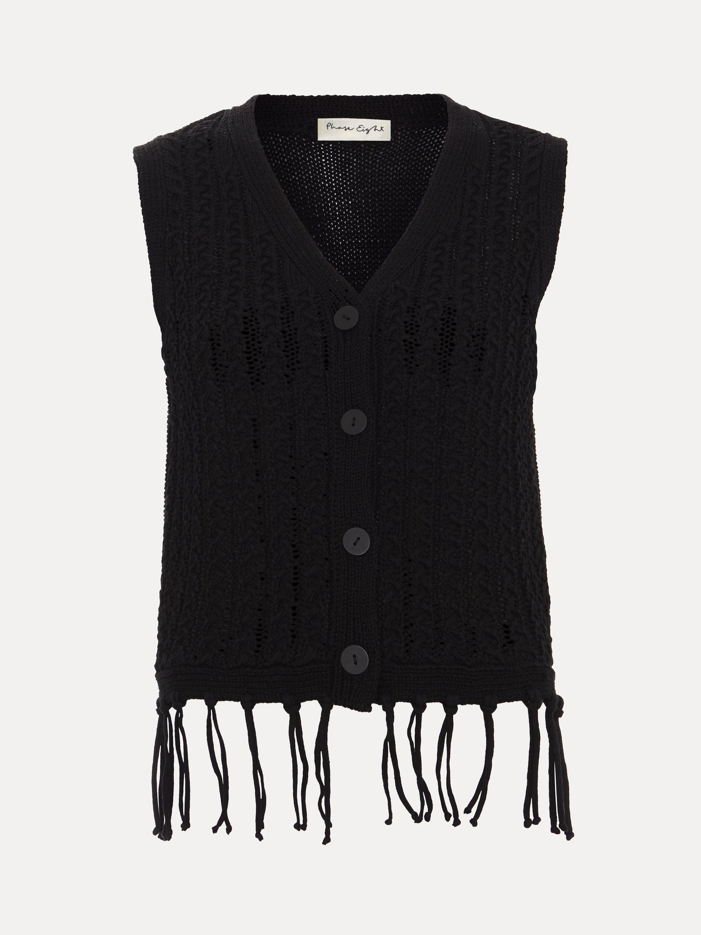 Product image 5 of 8, which shows Phase Eight Quinn Knit Tassel Waistcoat, Black, S