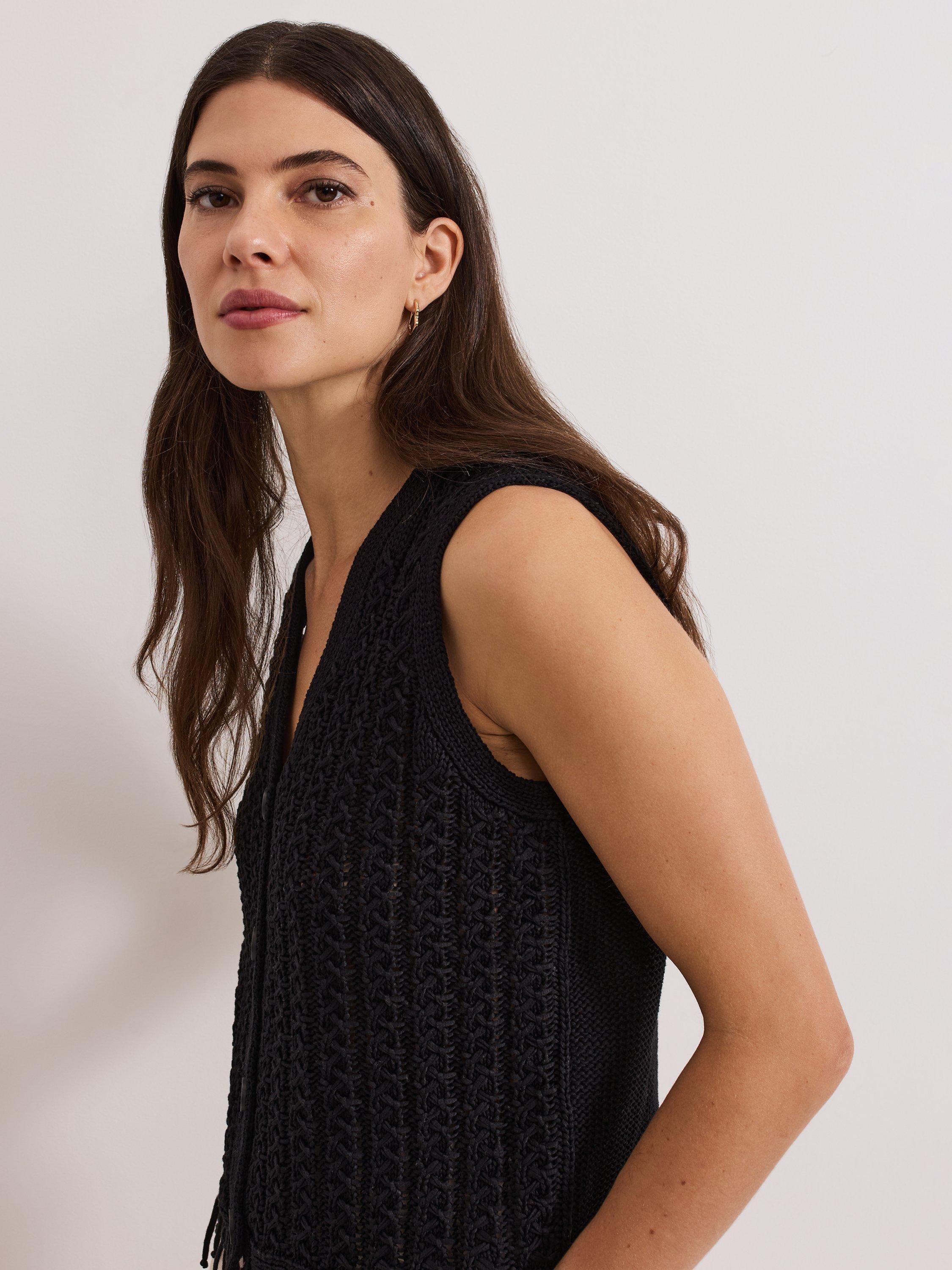 Product image 7 of 8, which shows Phase Eight Quinn Knit Tassel Waistcoat, Black, S