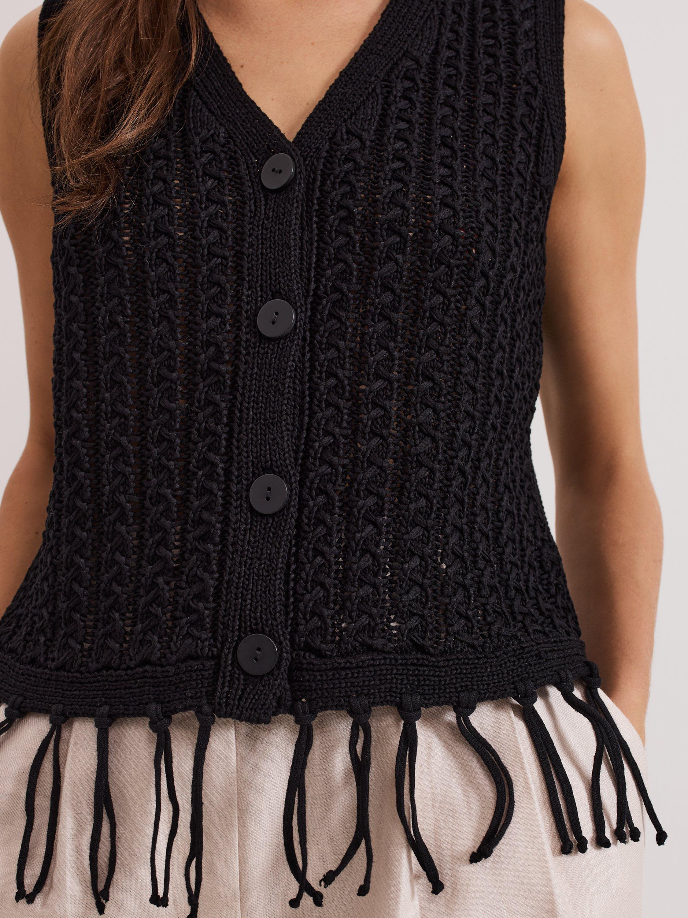 Product image 8 of 8, which shows Phase Eight Quinn Knit Tassel Waistcoat, Black, S