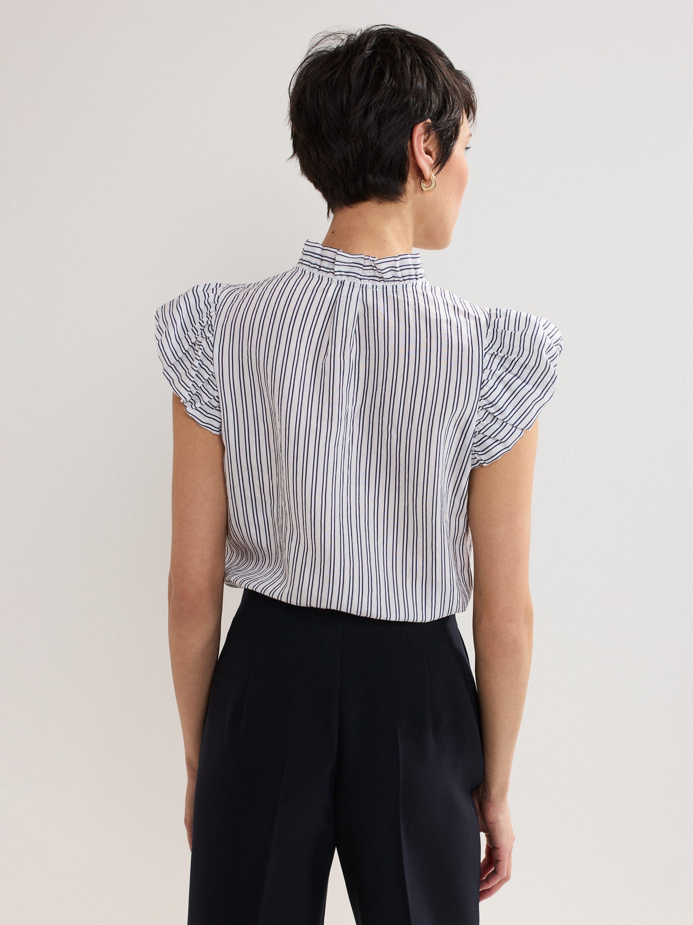 Product image 2 of 8, which shows Phase Eight Ariana Stripe Frill Shirt, Navy/Ivory, 10
