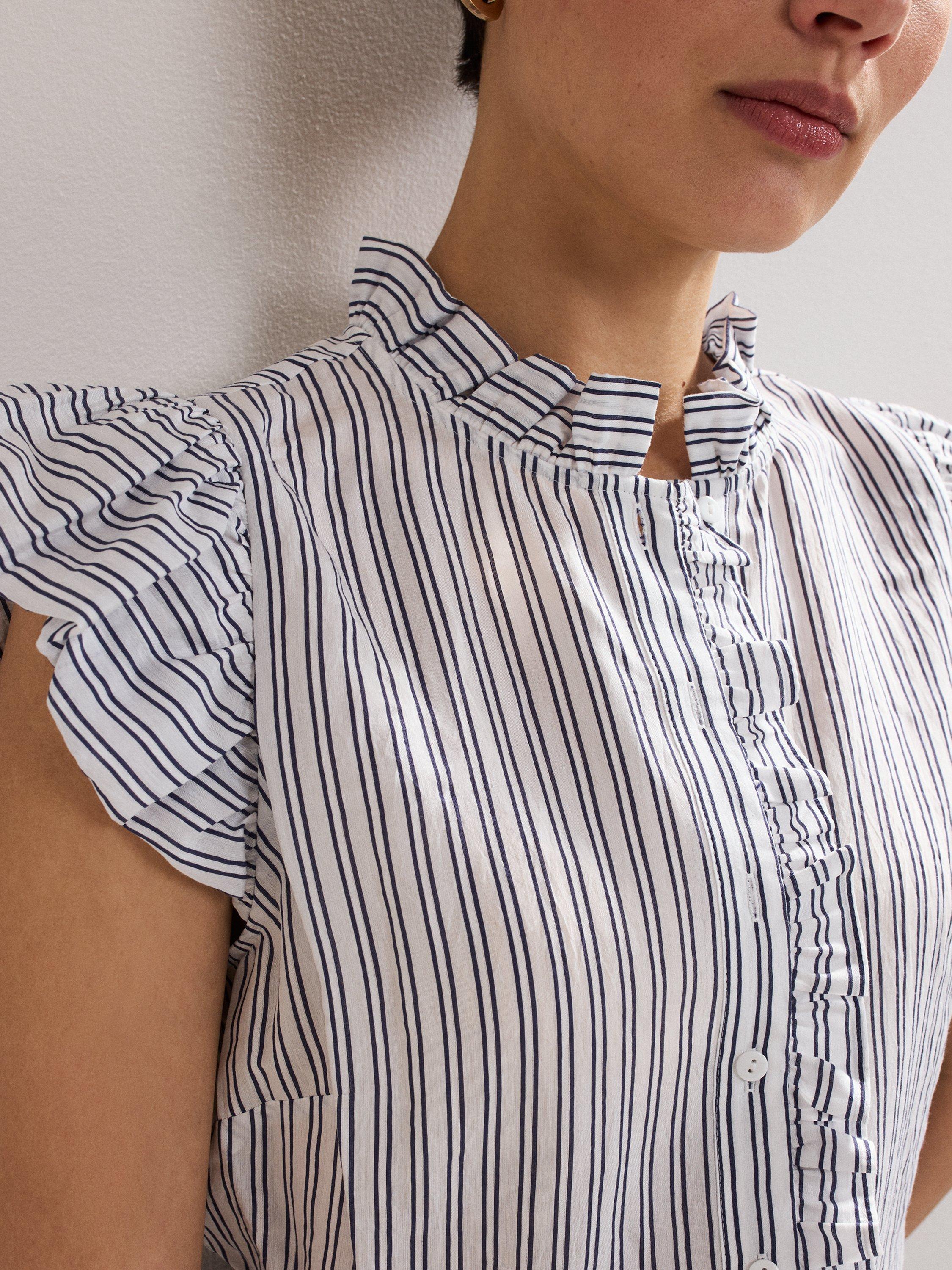 Product image 4 of 8, which shows Phase Eight Ariana Stripe Frill Shirt, Navy/Ivory, 10
