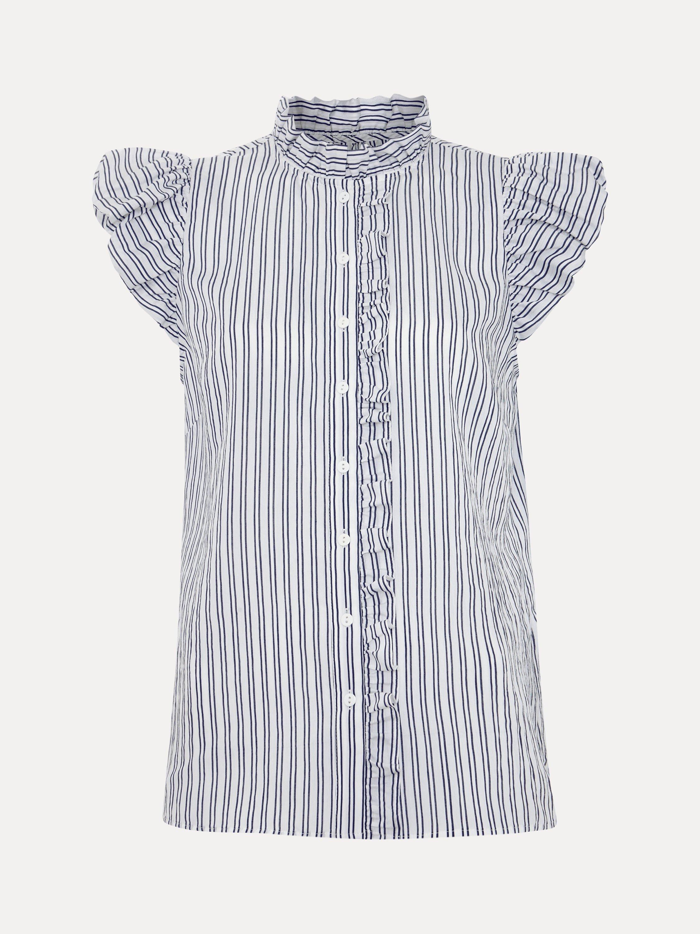 Product image 5 of 8, which shows Phase Eight Ariana Stripe Frill Shirt, Navy/Ivory, 10