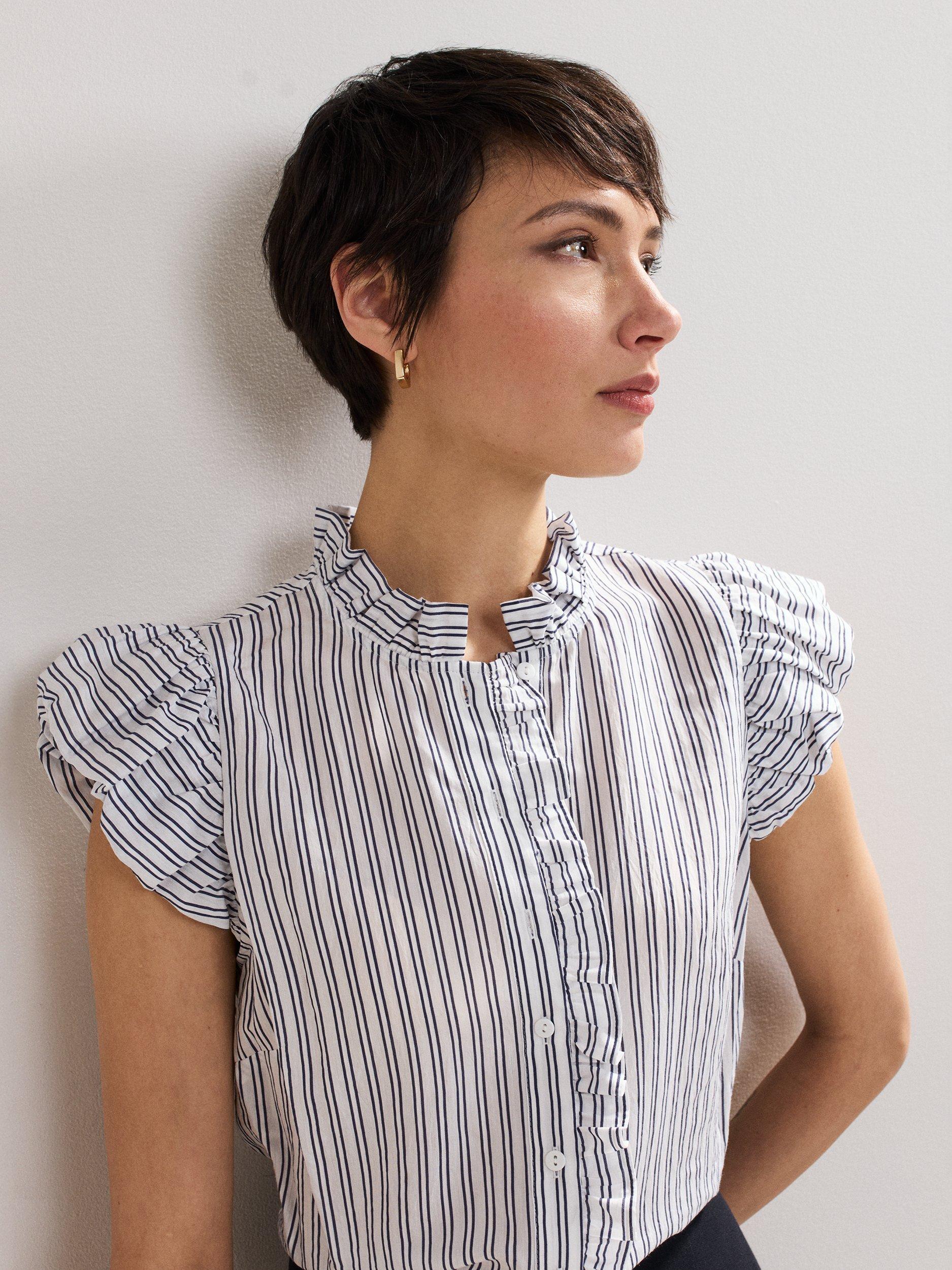 Product image 7 of 8, which shows Phase Eight Ariana Stripe Frill Shirt, Navy/Ivory, 10