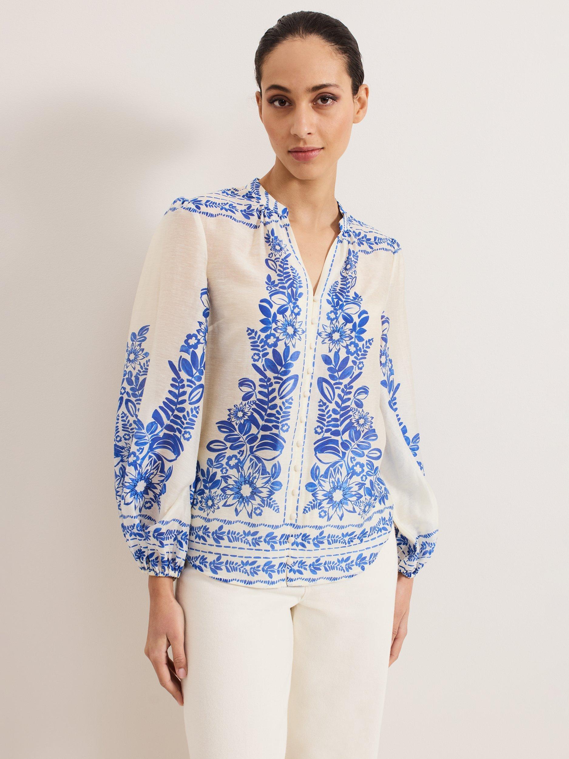 Product image 1 of 8, which shows Phase Eight Marisa Floral Blouse, Blue, 8